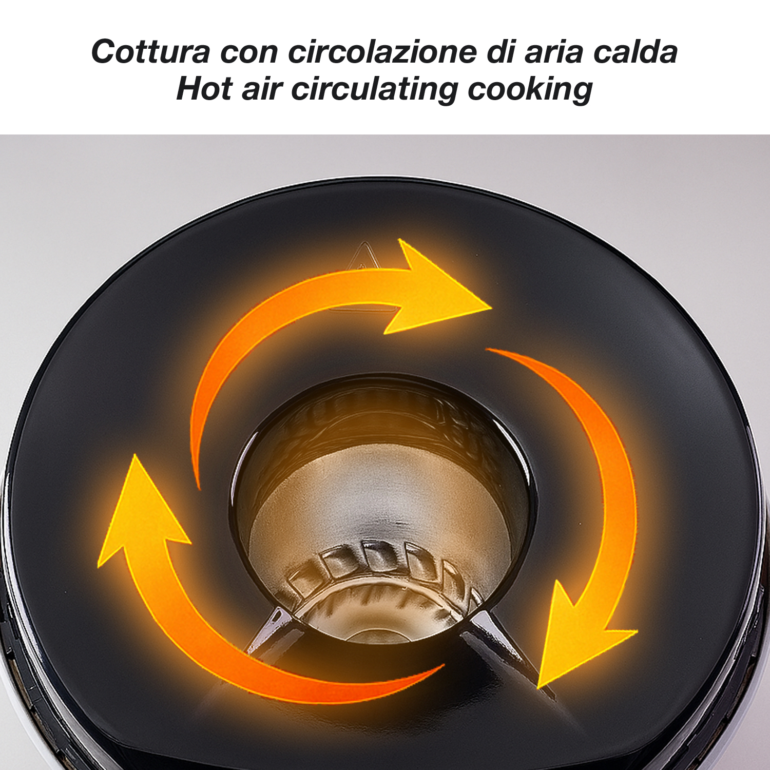 Tre frecce arancioni mostrano la circolazione su un coperchio nero.
