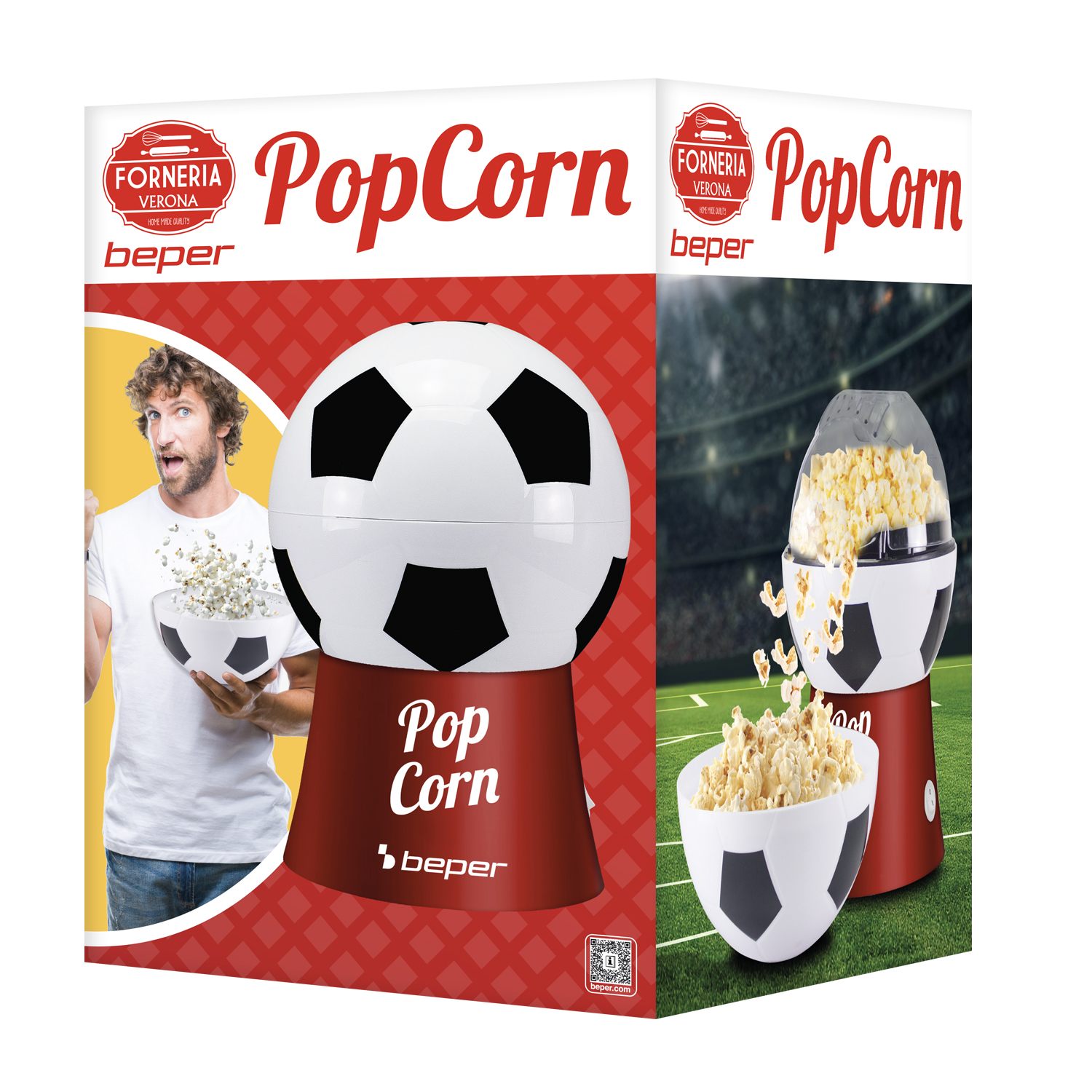 Macchina popcorn design pallone con uomo e ciotola.