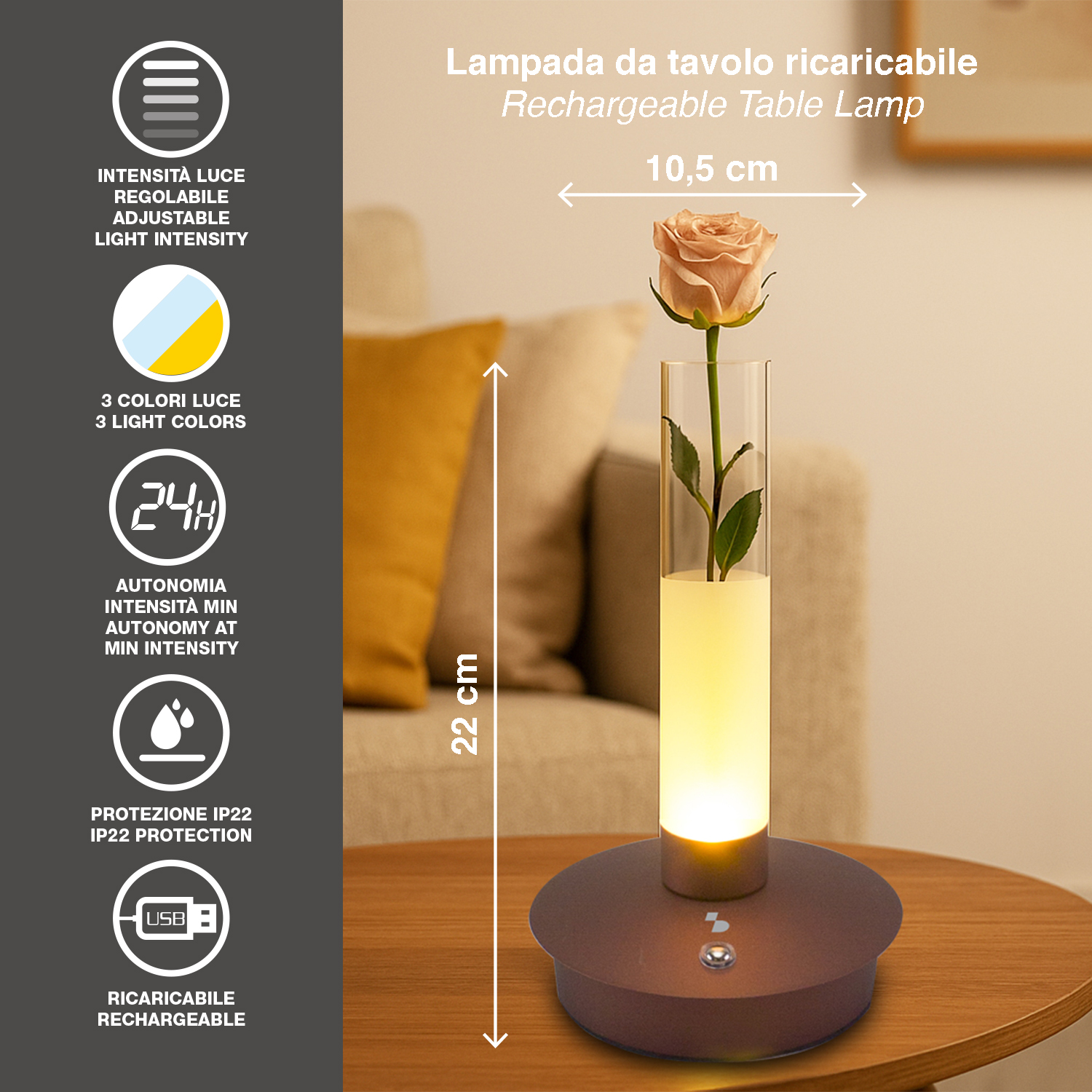 Lampada da tavolo ricaricabile con rosa in vaso, alta 22cm, larga 10,5cm.