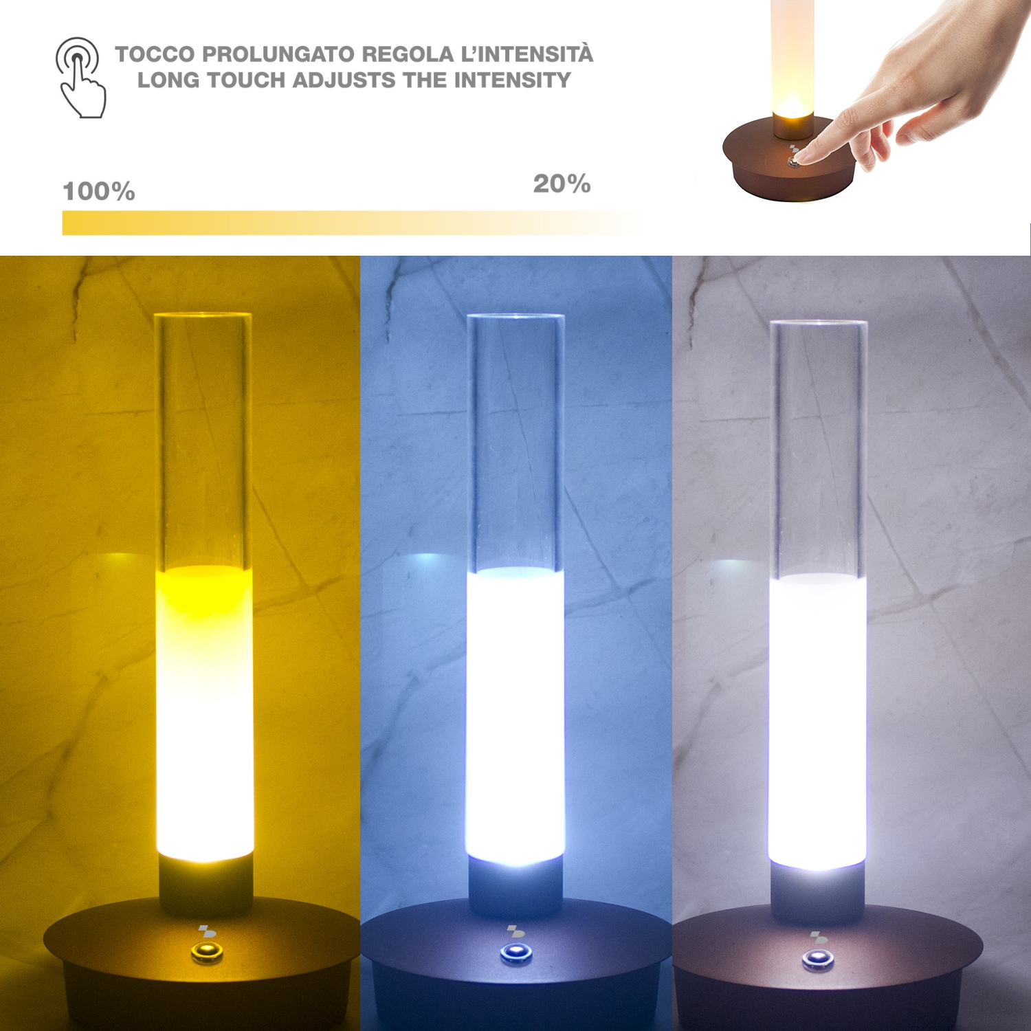 Lampada moderna con paralume cilindrico in tre intensità di luce: gialla, blu, bianca.