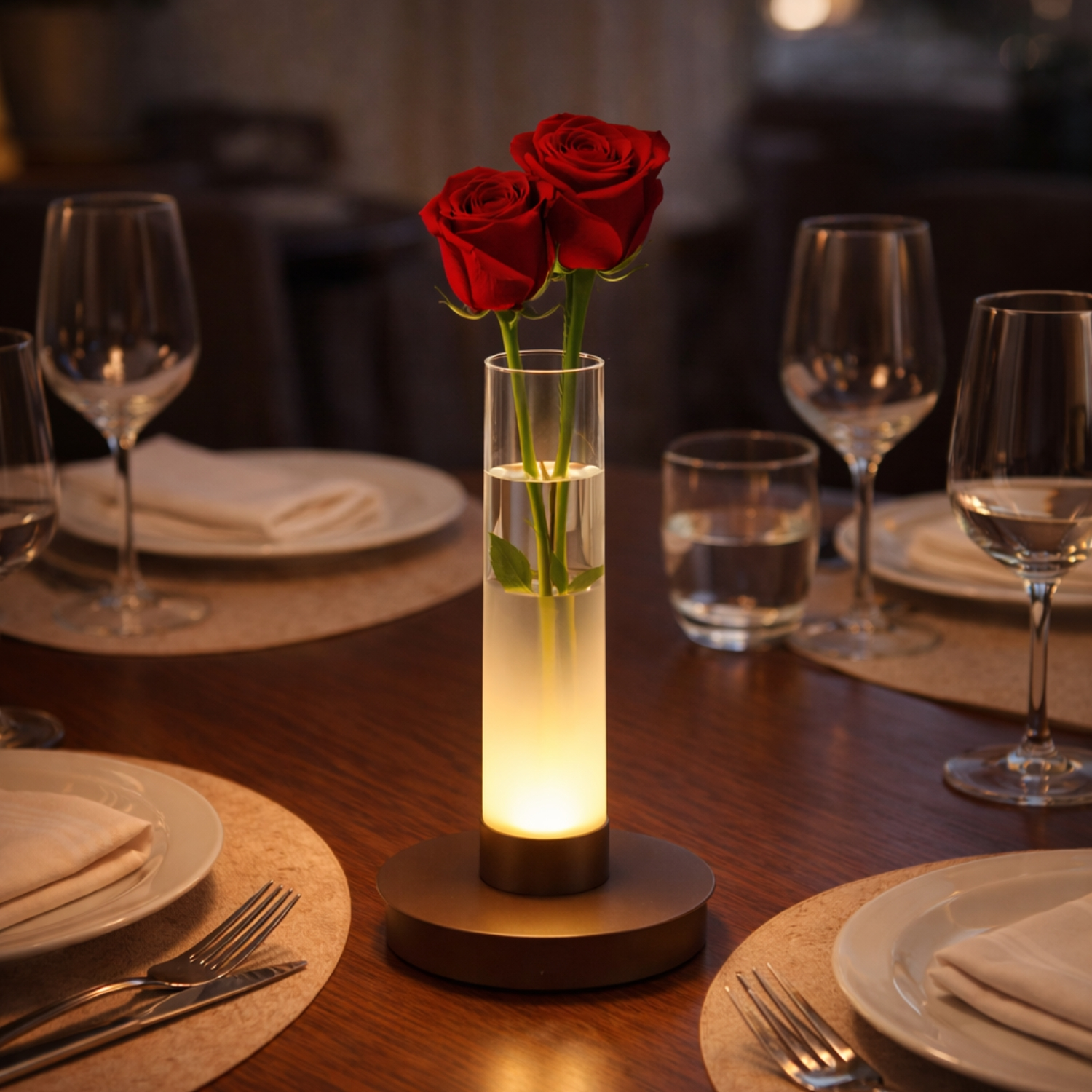 Due rose rosse in un vaso illuminato su un tavolo apparecchiato.