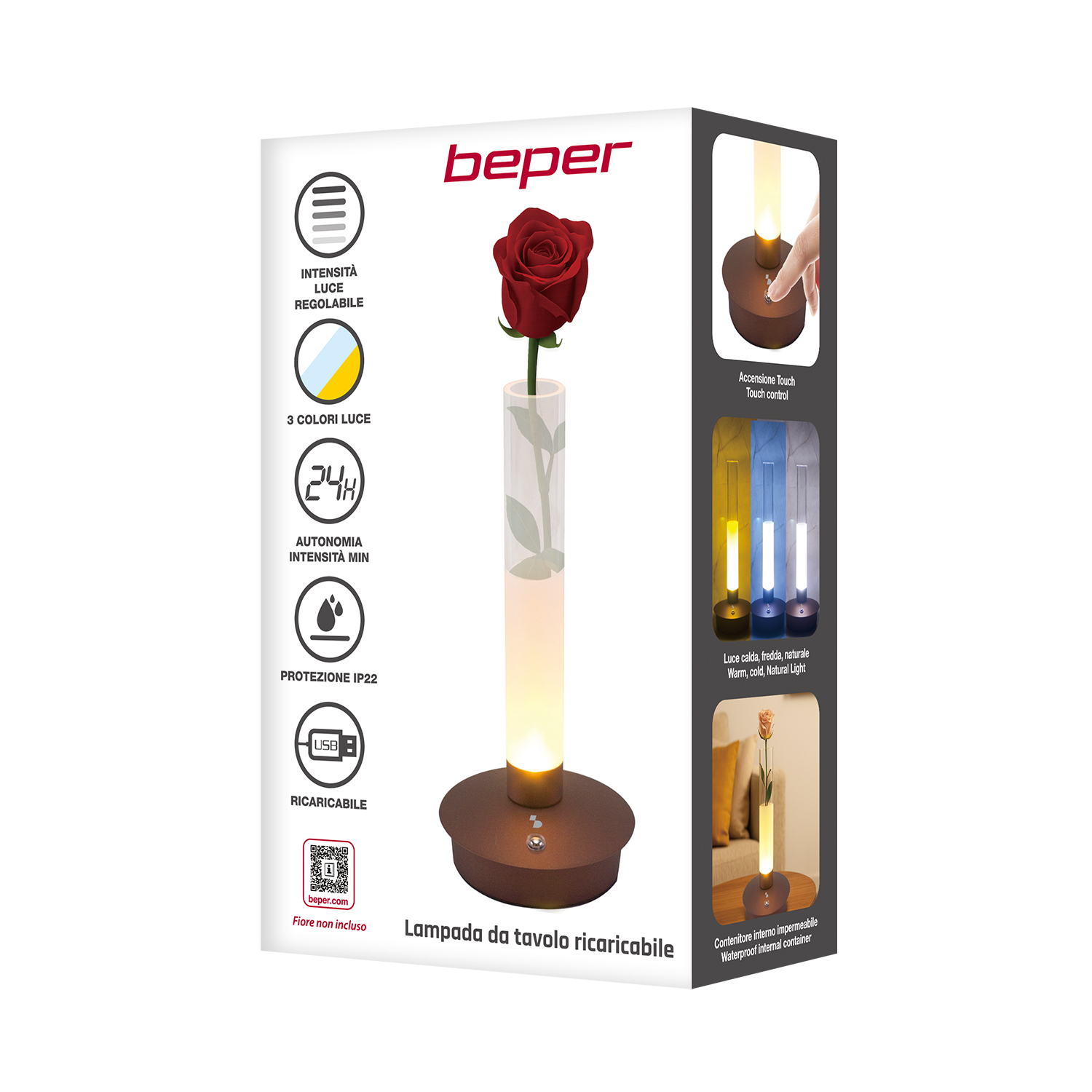 Lampada da tavolo con rosa rossa in contenitore di vetro e pannello touch.