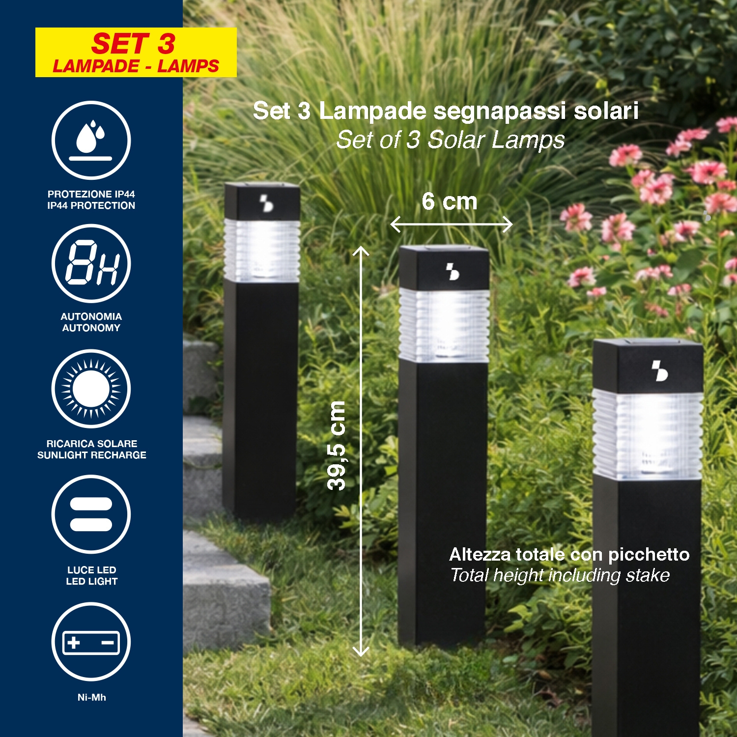 Set di 3 lampade solari da percorrere, alte 39,5 cm, larghe 6 cm.