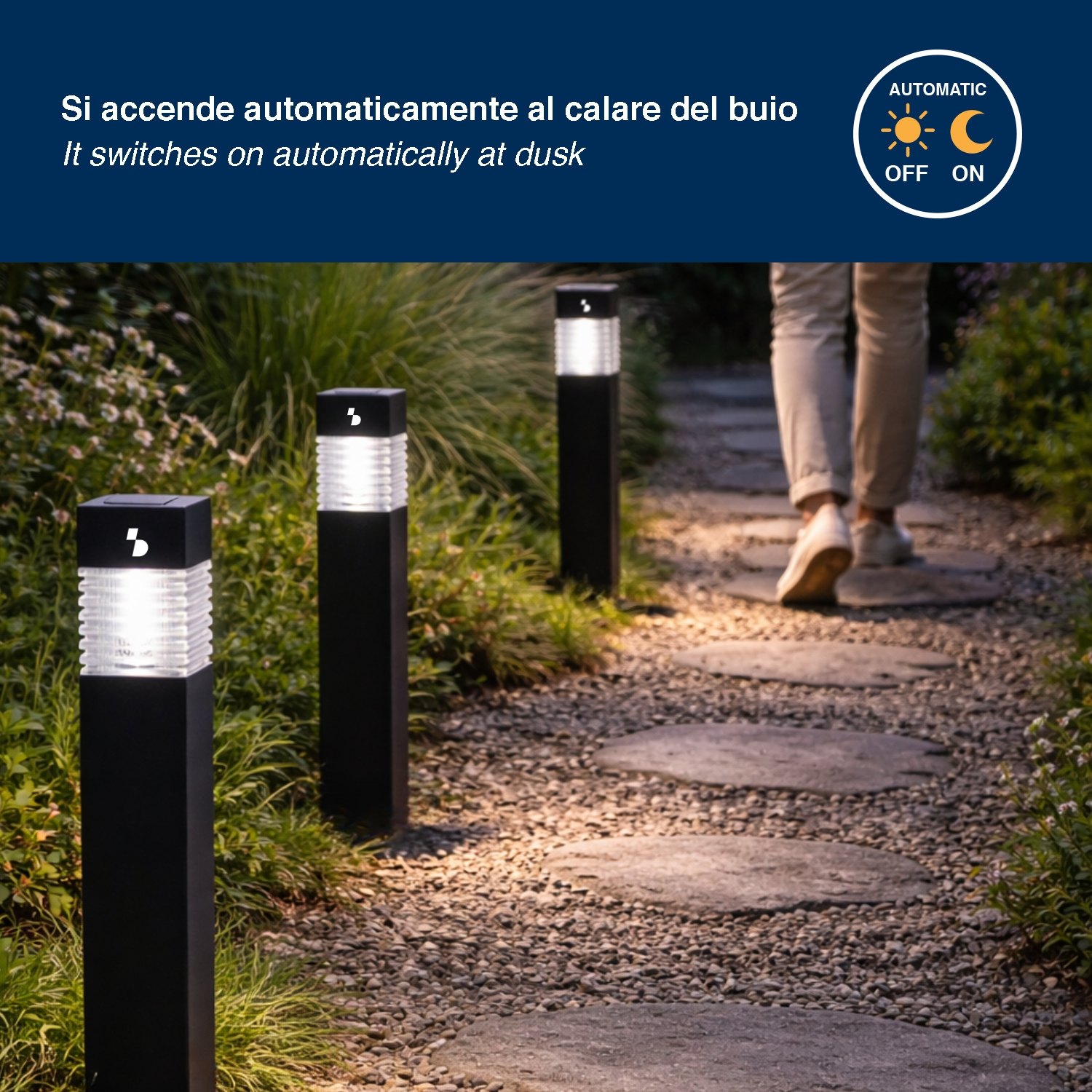 Sentiero del giardino con luci e persona sullo sfondo.