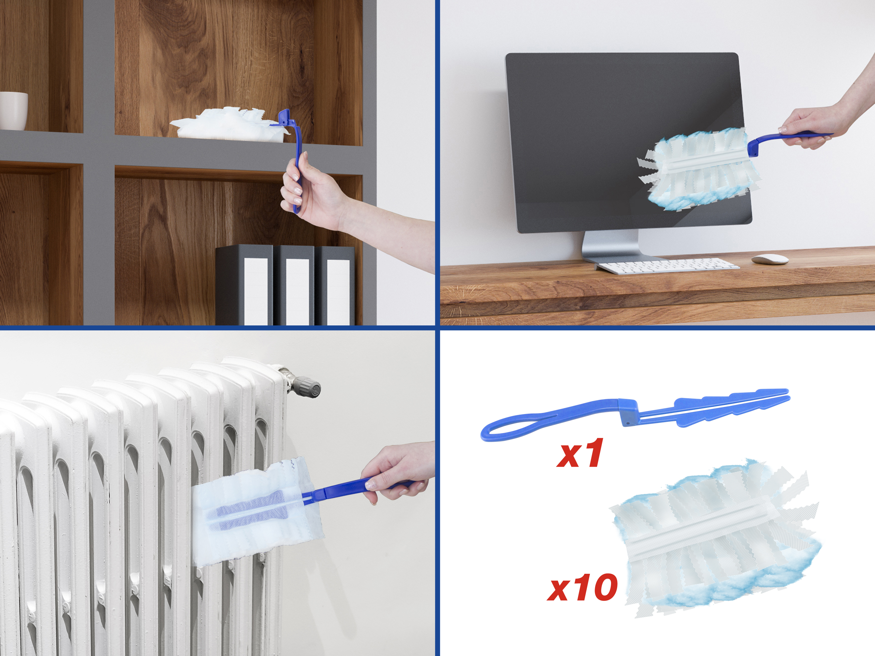 Un spolverino blu pulisce termosifone, monitor e scaffale. Prodotto x1 e x10.