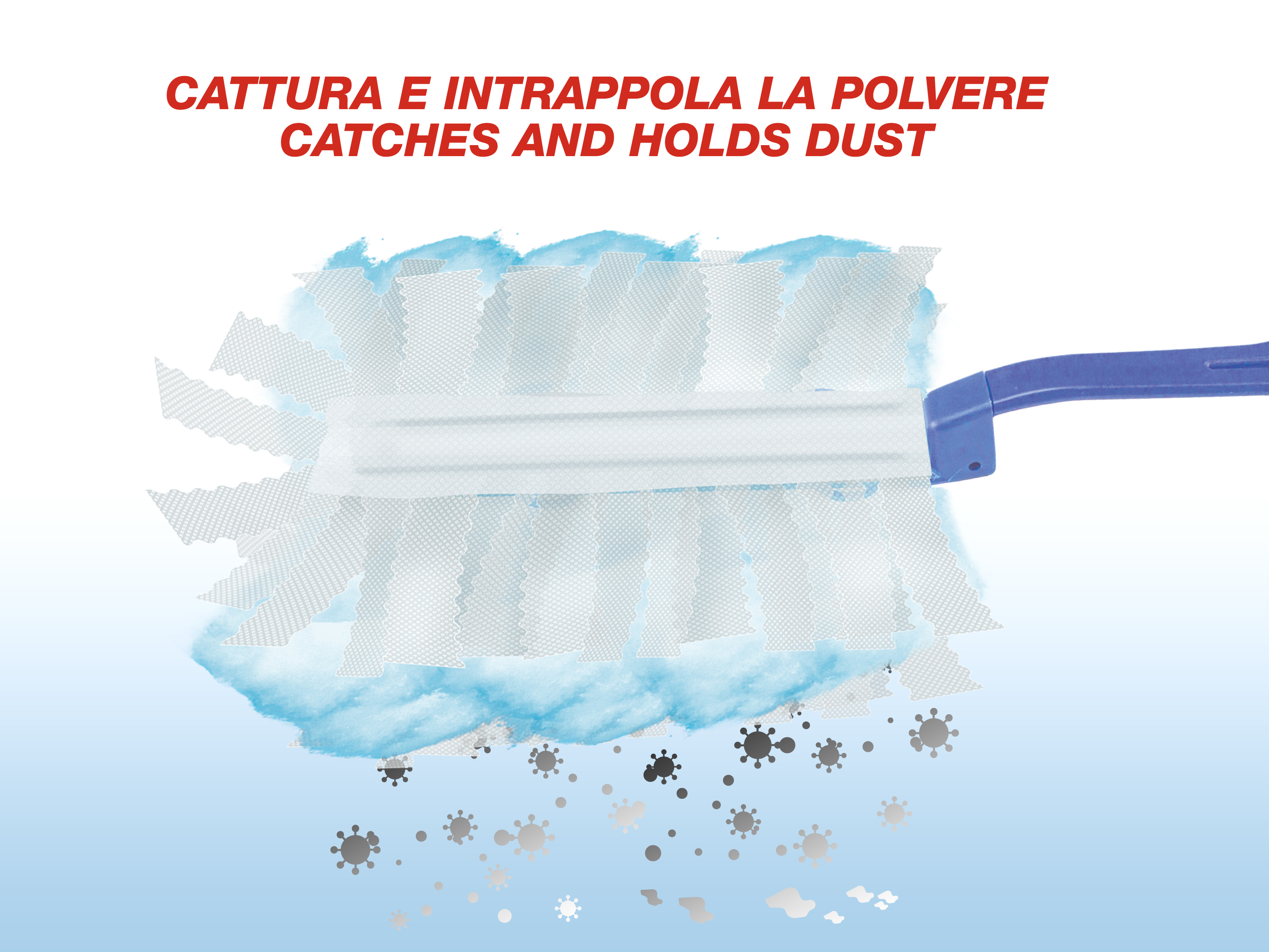 Un manico blu tiene uno spolverino con fibre bianche, che cattura polvere e particelle.