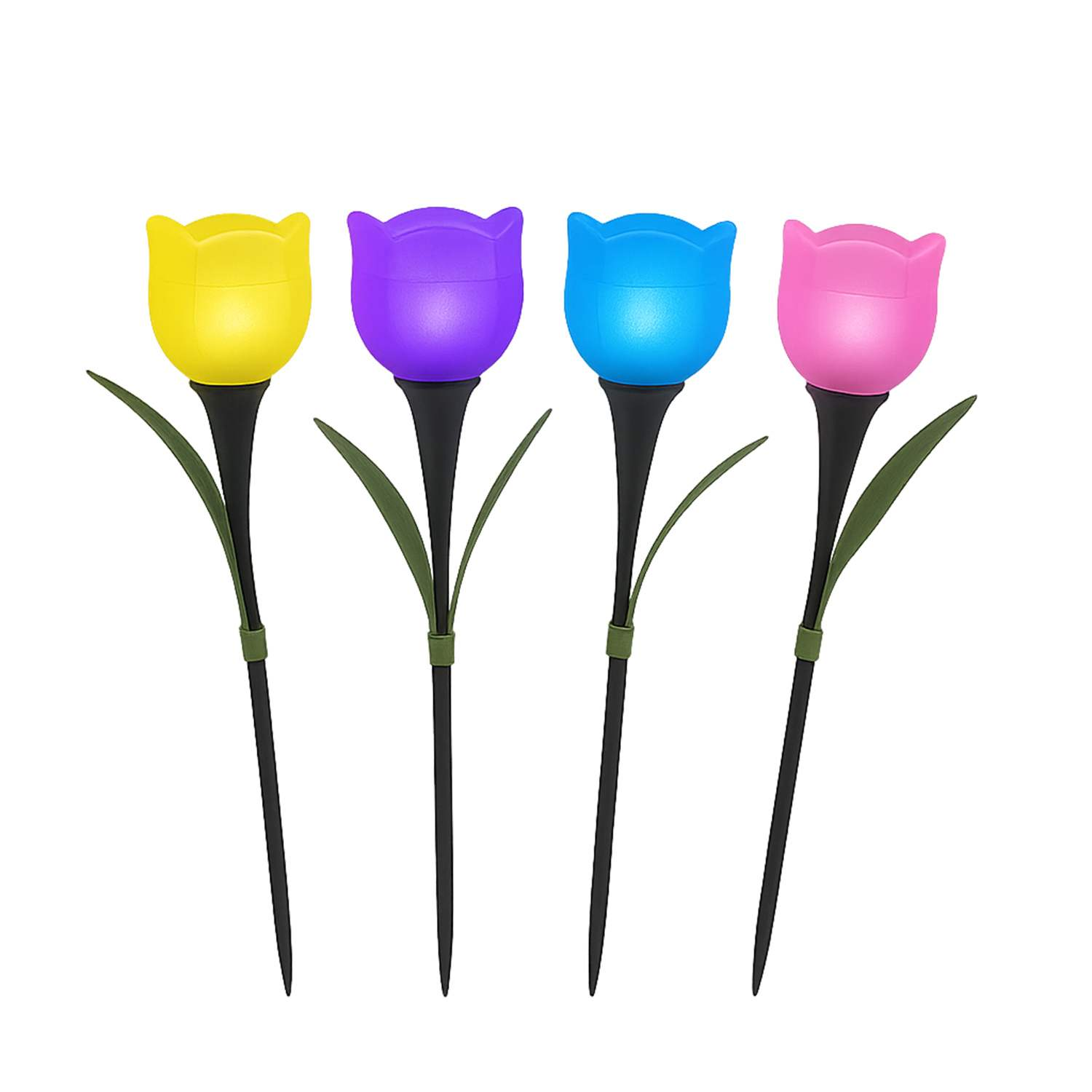 Quattro luci solari a forma di tulipano: giallo, viola, blu e rosa, con foglie verdi.