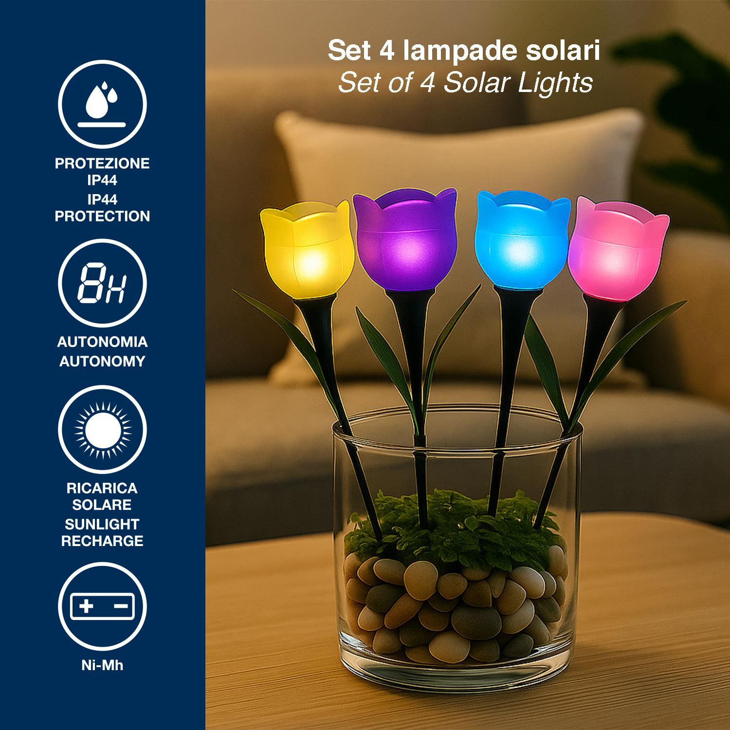 Quattro lampade solari a forma di tulipano in giallo, viola, blu e rosa brillano.