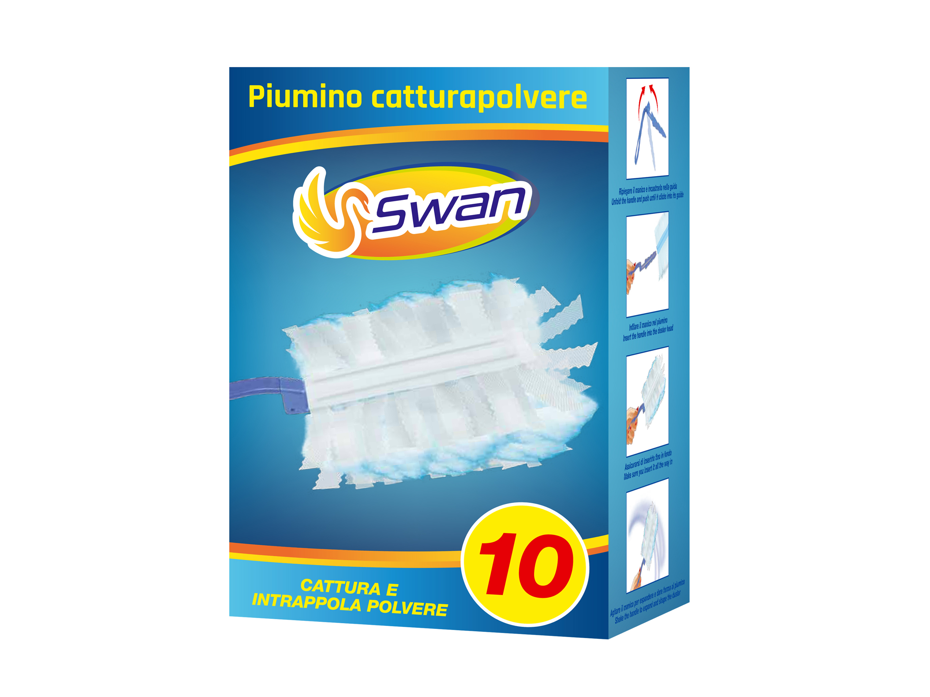 Un piumino bianco con manico blu, marca "Swan".