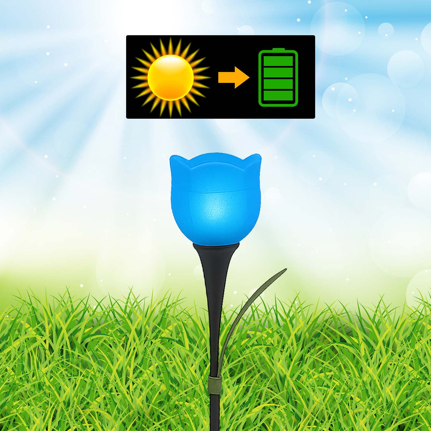 Luce solare a tulipano blu sull'erba con icona sole e batteria.