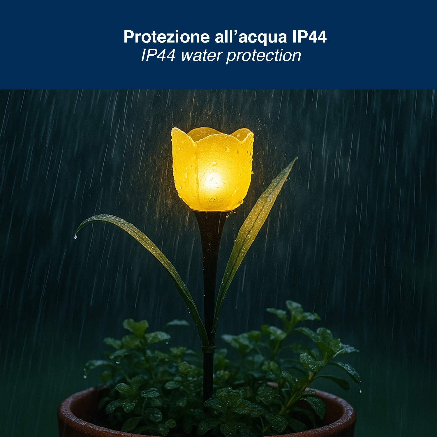 Lampada a tulipano gialla brilla sotto la pioggia su piante in vaso.