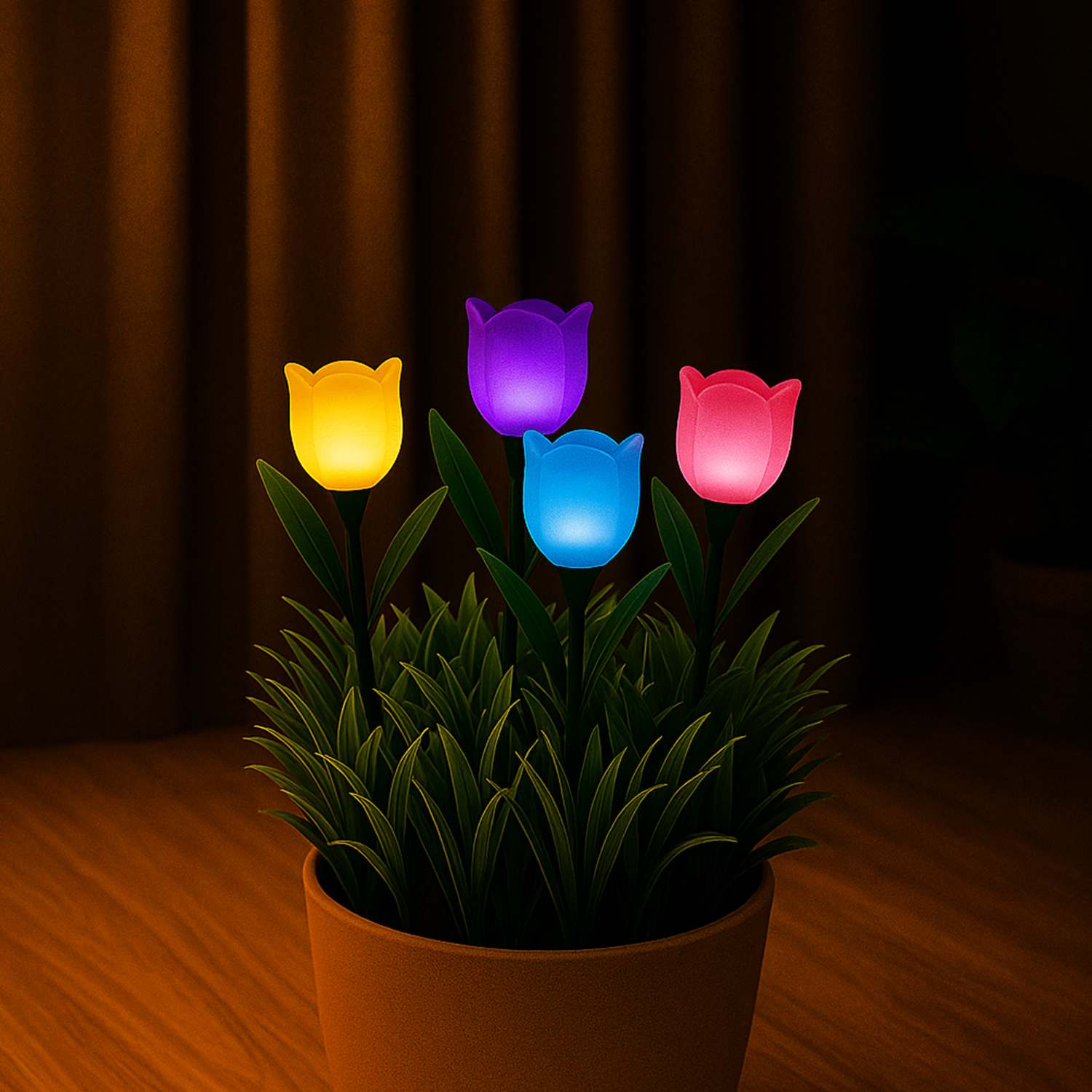 Quattro tulipani luminosi gialli, viola, blu e rosa si trovano in un vaso.