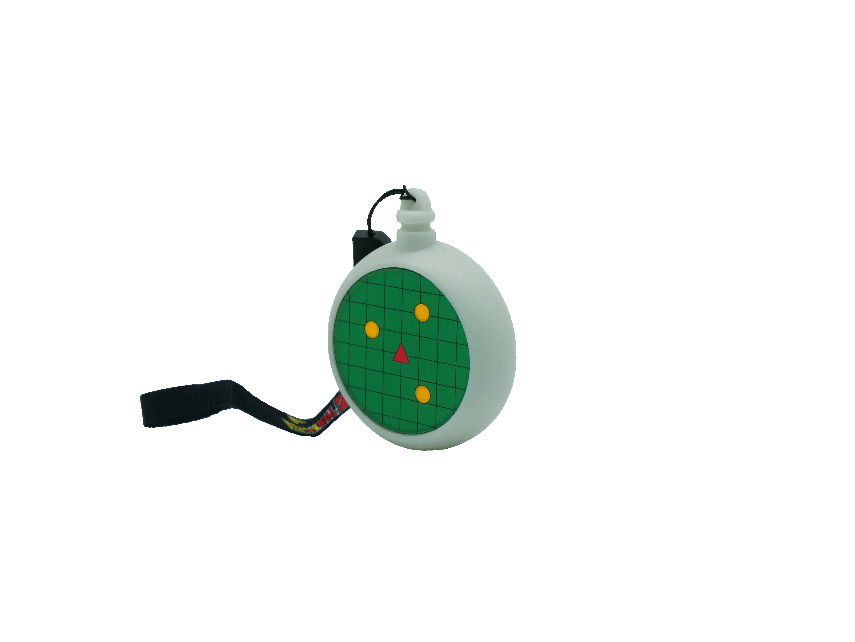 Un dispositivo radar blanco con rejilla verde y puntos amarillos/rojos.