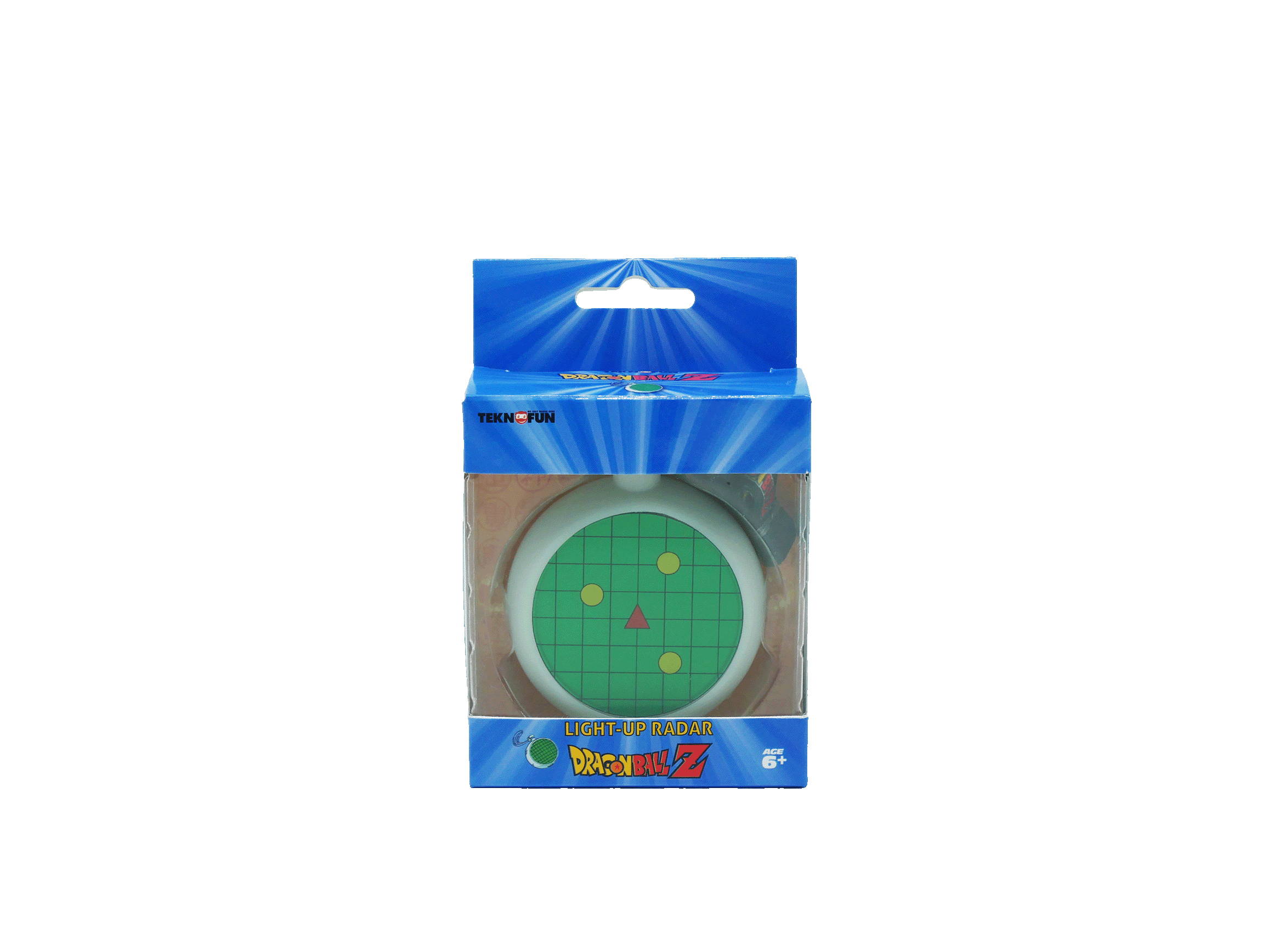 Un juguete de radar de Dragon Ball Z en su empaque. Tiene una pantalla verde con puntos.