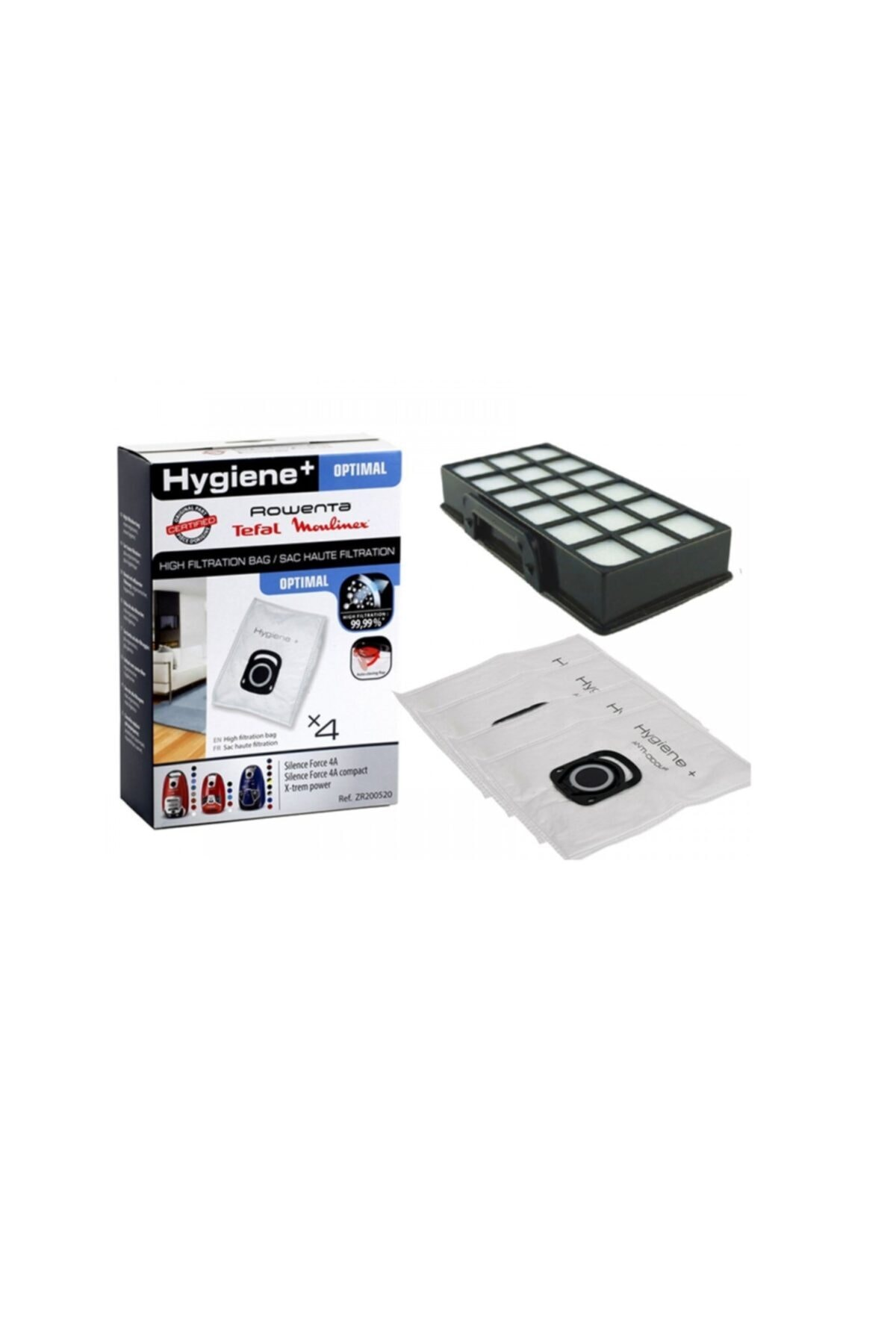 Rowenta Hygiene+ Optimal elektrikli süpürge torbaları ve filtresi. 4 torba gösteriliyor.