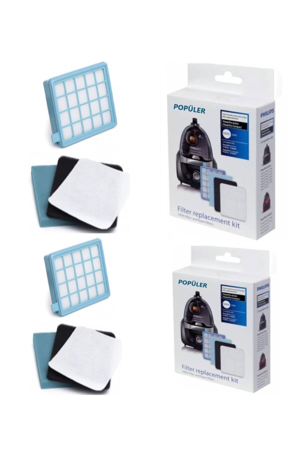 İki elektrikli süpürge filtre değiştirme kiti. Bir set gevşek filtreleri, diğeri kutulu kitleri gösterir.