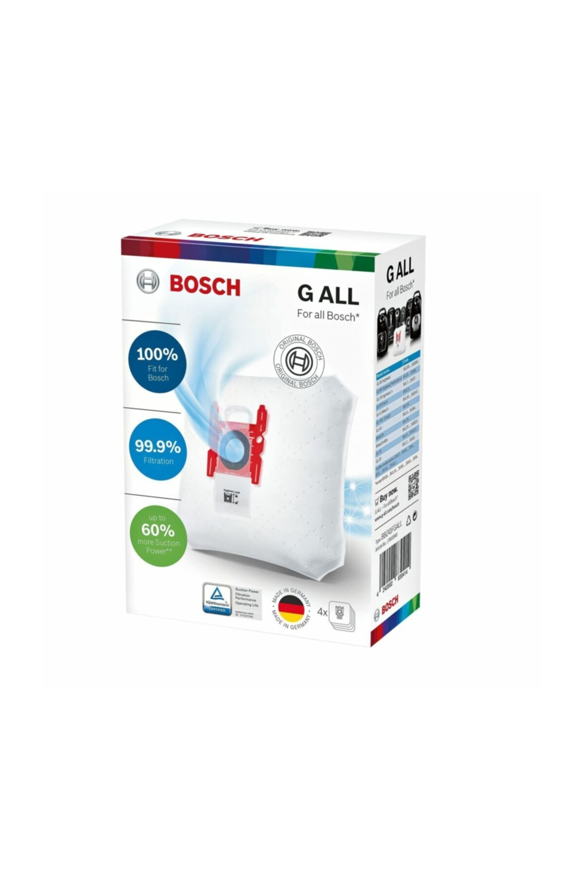 Bosch G ALL toz torbası ambalajı, filtrasyon ve emiş gücü detayları gösteriliyor.