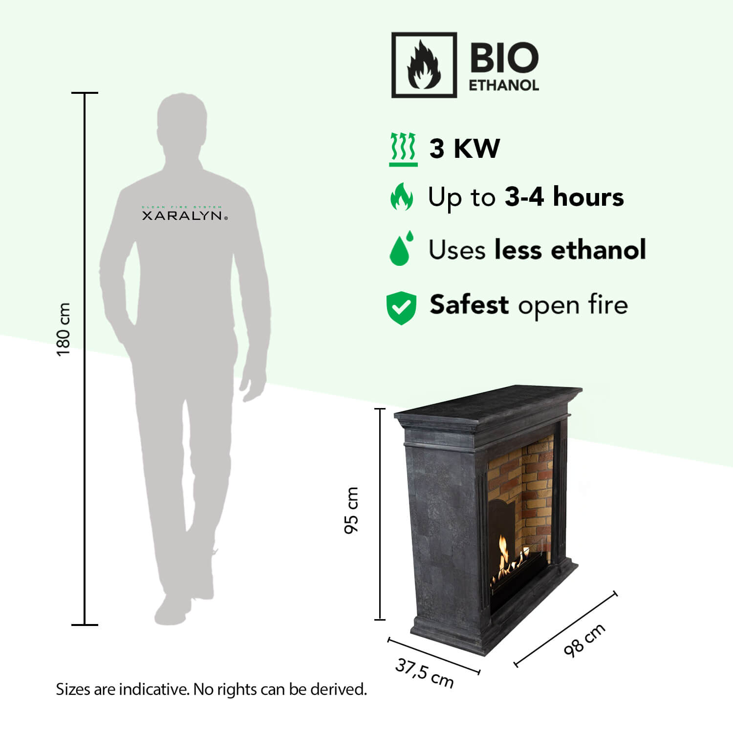 Een bio-ethanol haard met afmetingen en specificaties.
