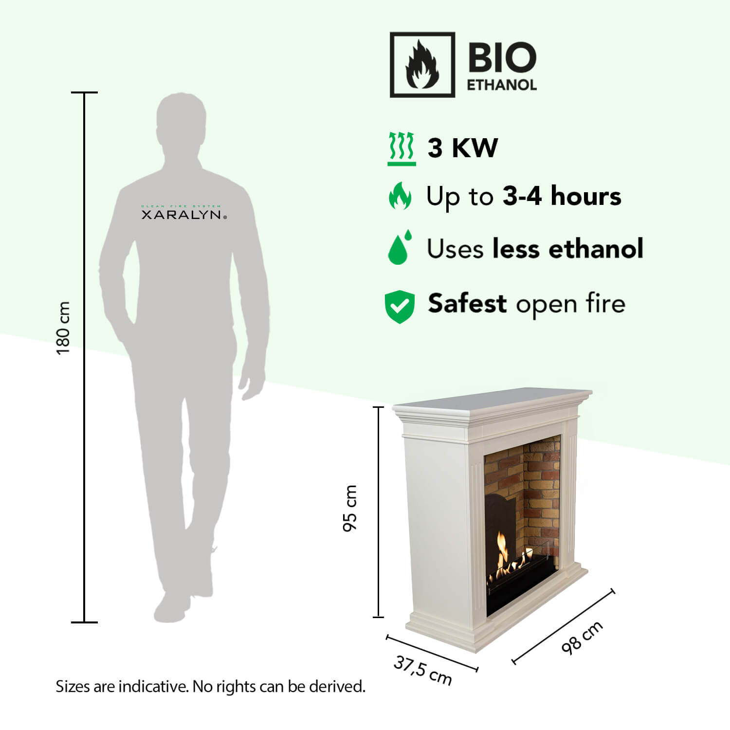 Bio-ethanol haard met vlammen. Een silhouet van een persoon staat ernaast.
