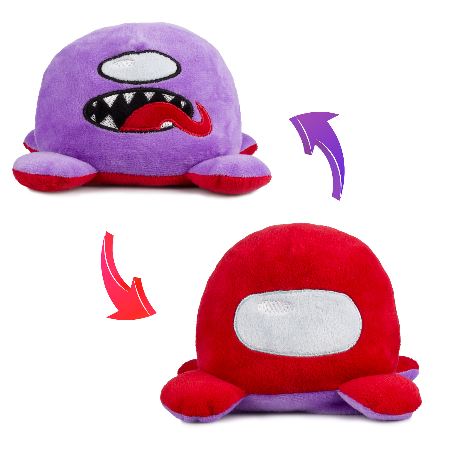 Peluche de monstruo morado con dientes y lengua roja, figura de peluche roja con visera.