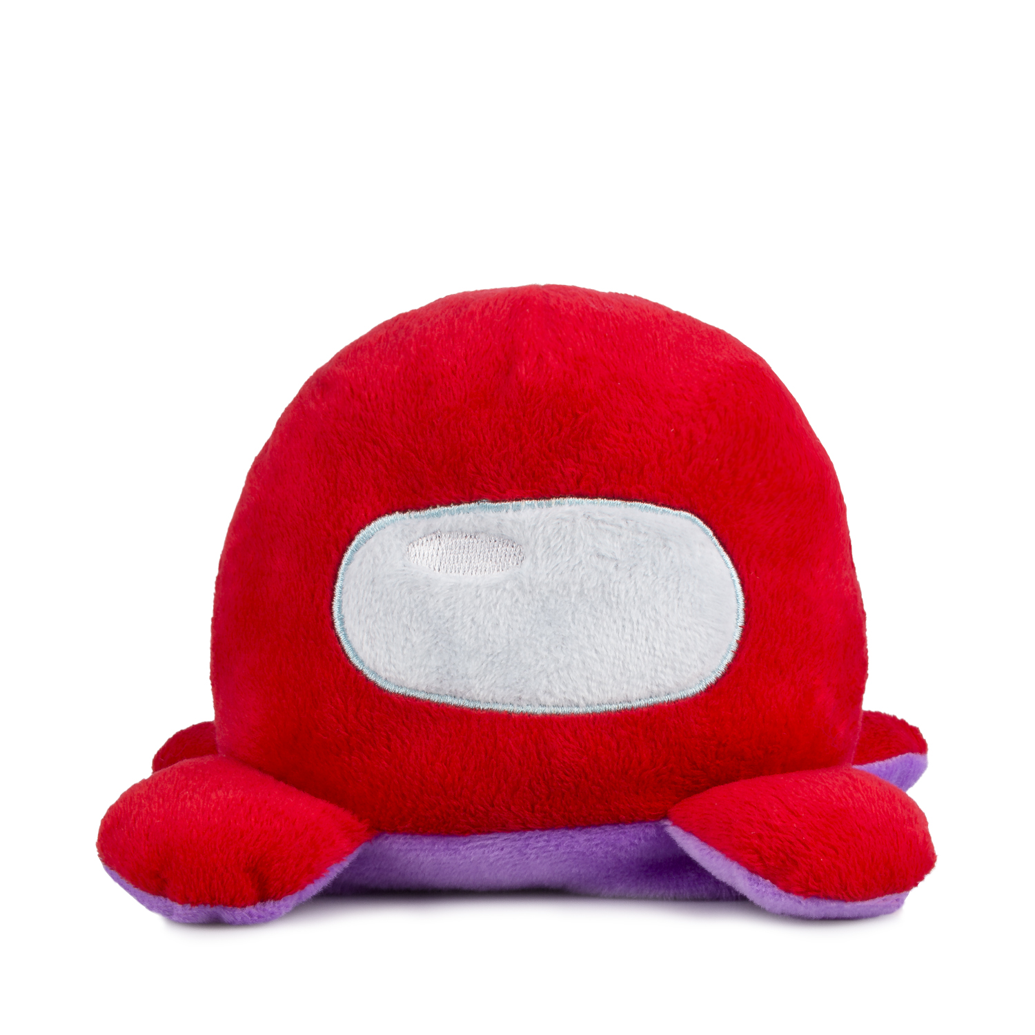 Un peluche rojo y morado de Among Us con visera blanca.