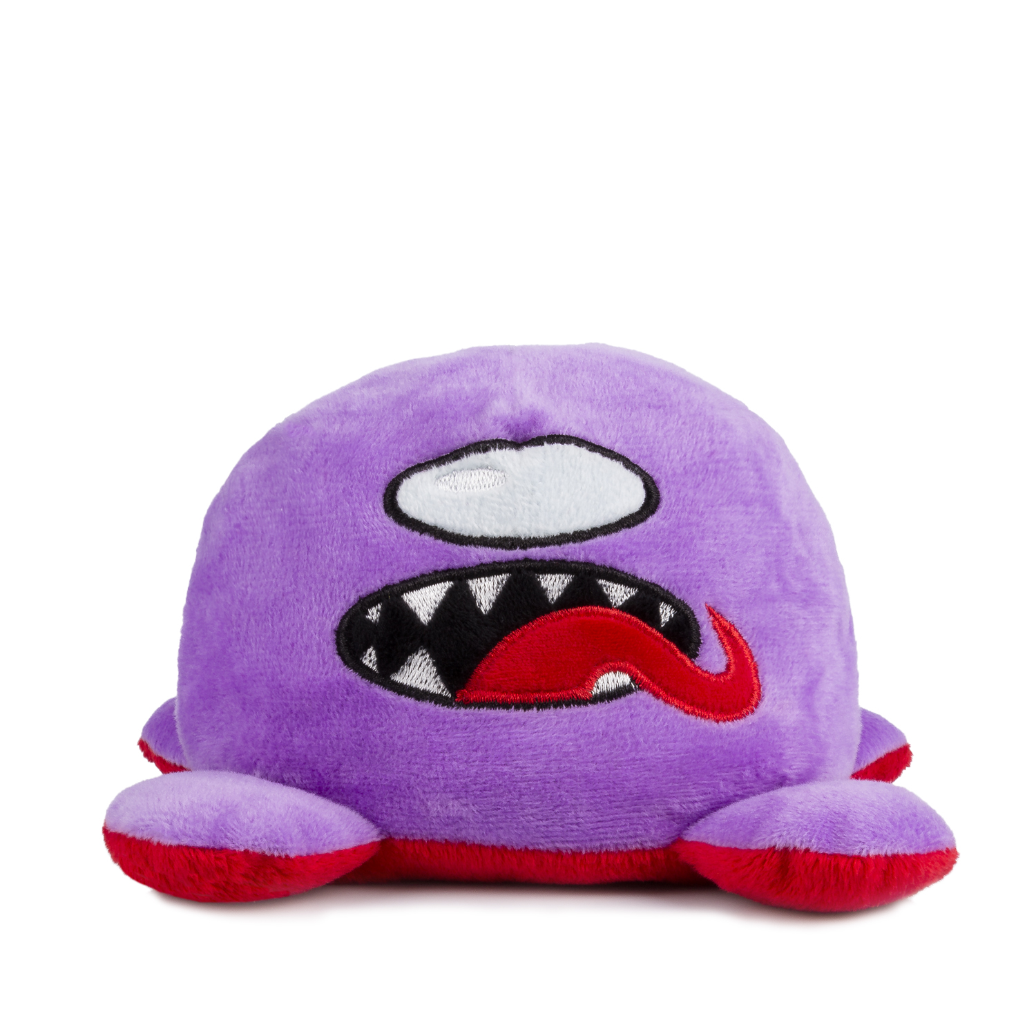 Un peluche morado con un ojo, boca abierta y lengua roja.