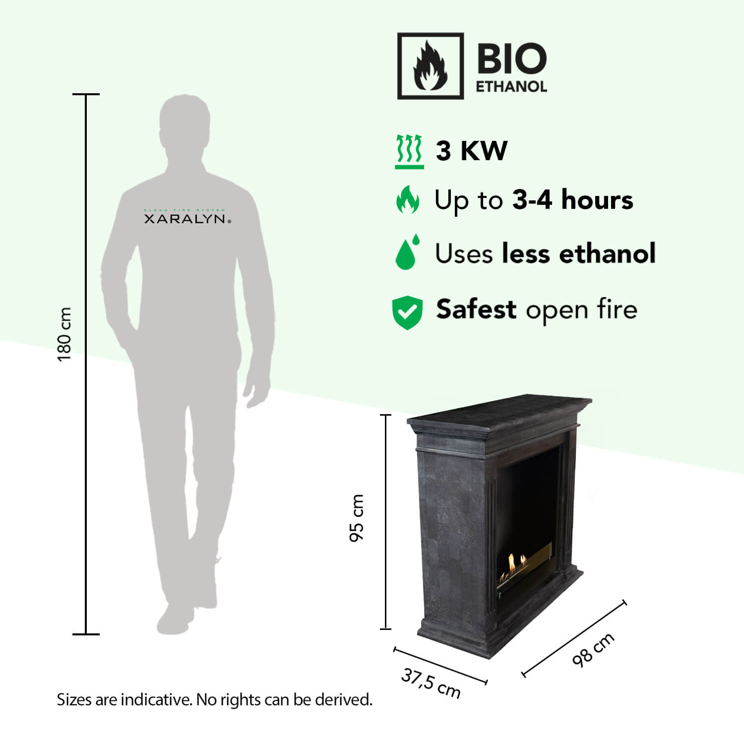 Bio-ethanol haard: 3 KW, 3-4 uur brandtijd, afmetingen 98x37.5x95 cm.