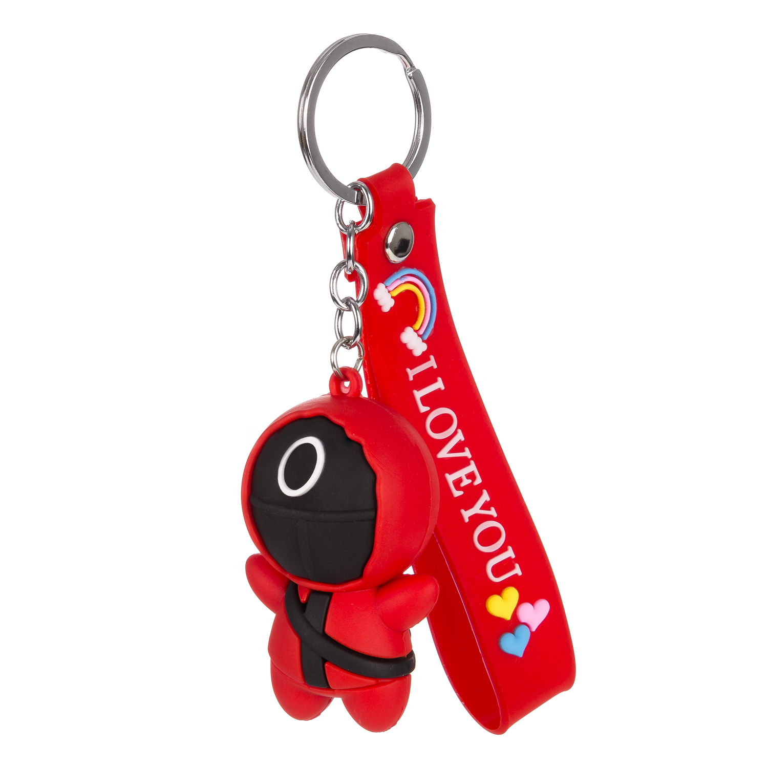 Un llavero rojo con un personaje de Squid Game y texto "I LOVE YOU".