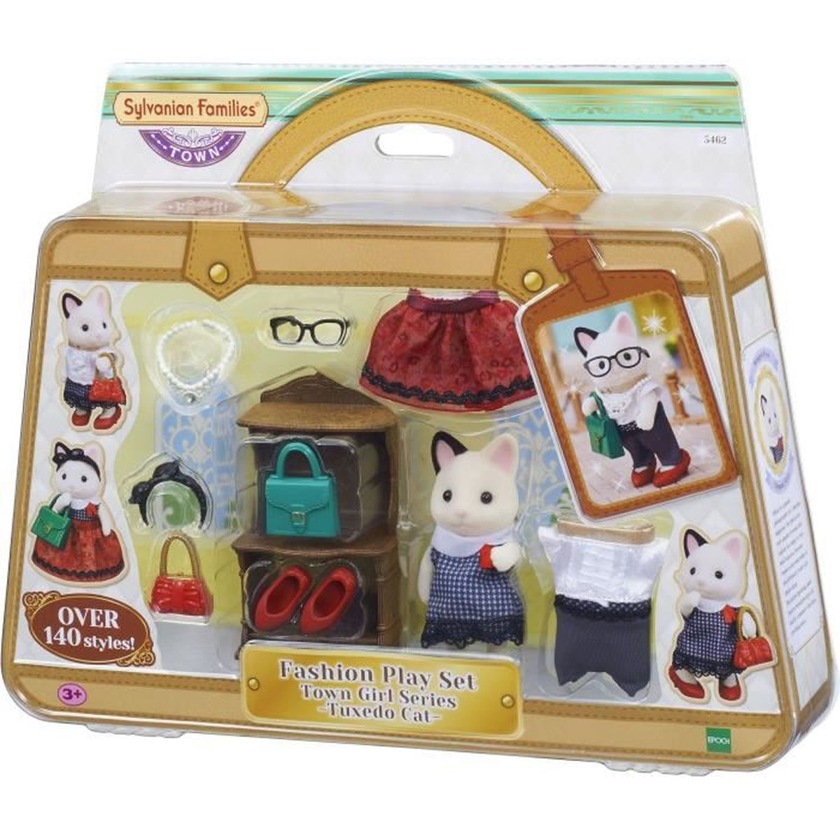 Sylvanian Families Mode-Spielset mit Katzenfiguren und Kleidung in einer Koffer-Verpackung.