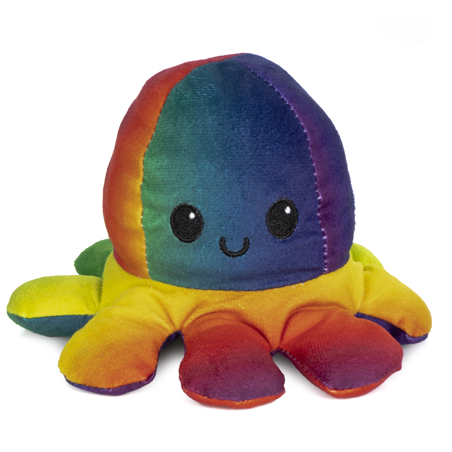 Un pulpo de peluche colorido con cara feliz y tentáculos.