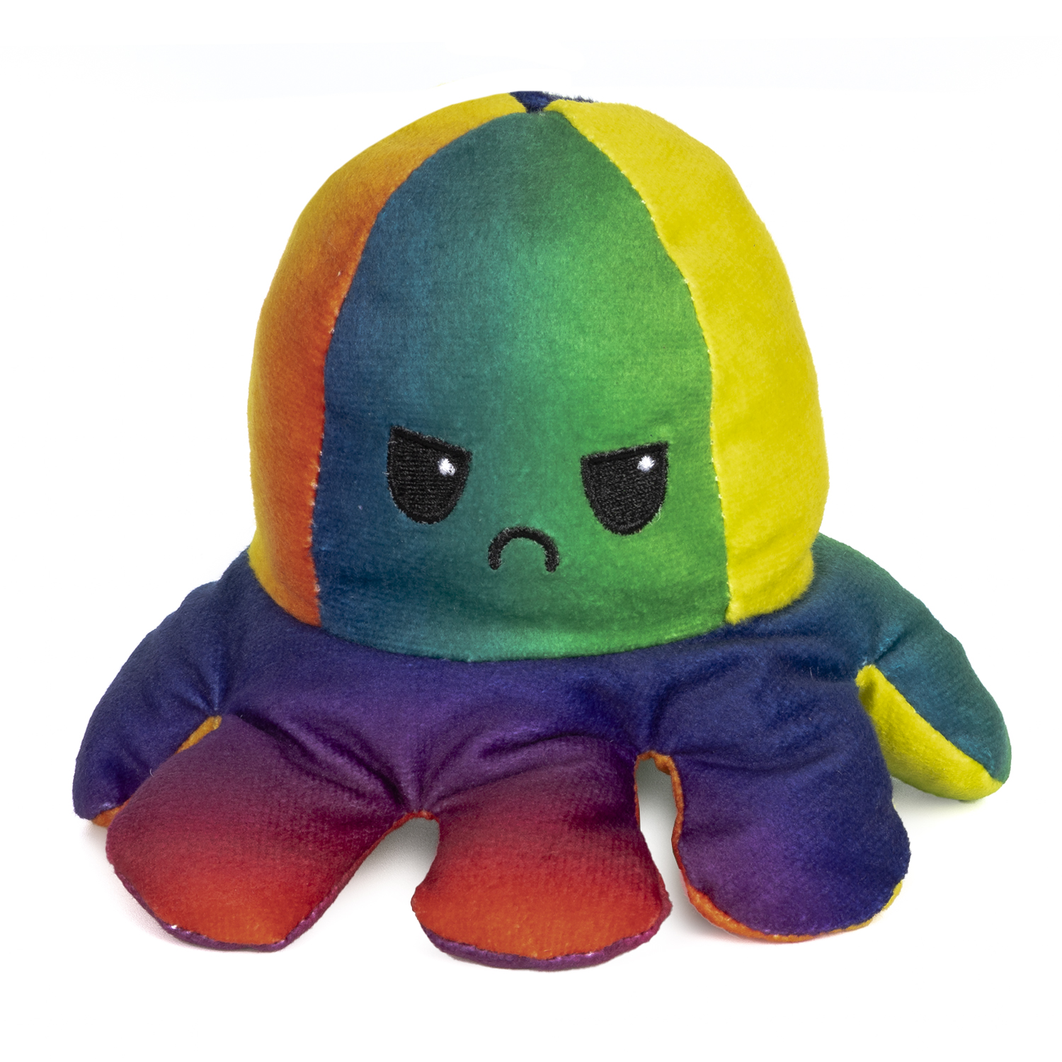 Un pulpo de peluche colorido con cara de enfado.