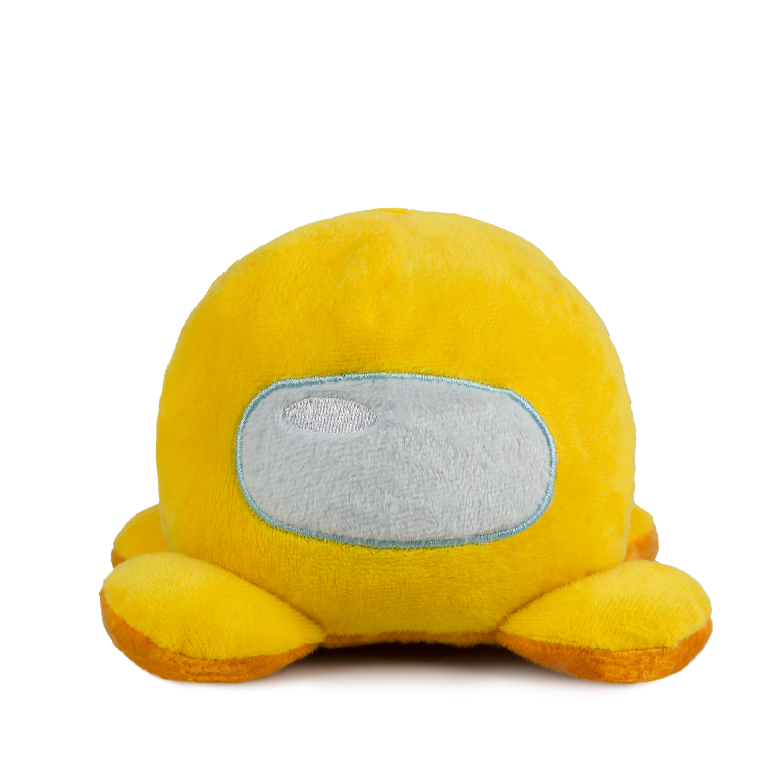 Un personaje de peluche amarillo con visera azul se sienta sobre pies naranjas.