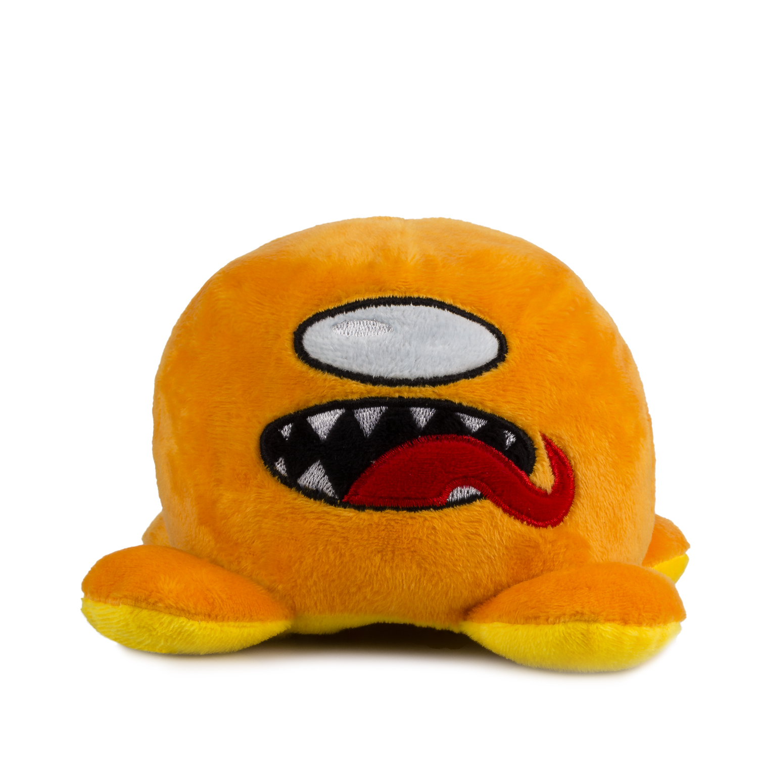 Un personaje de peluche naranja con visor blanco y boca roja con lengua.