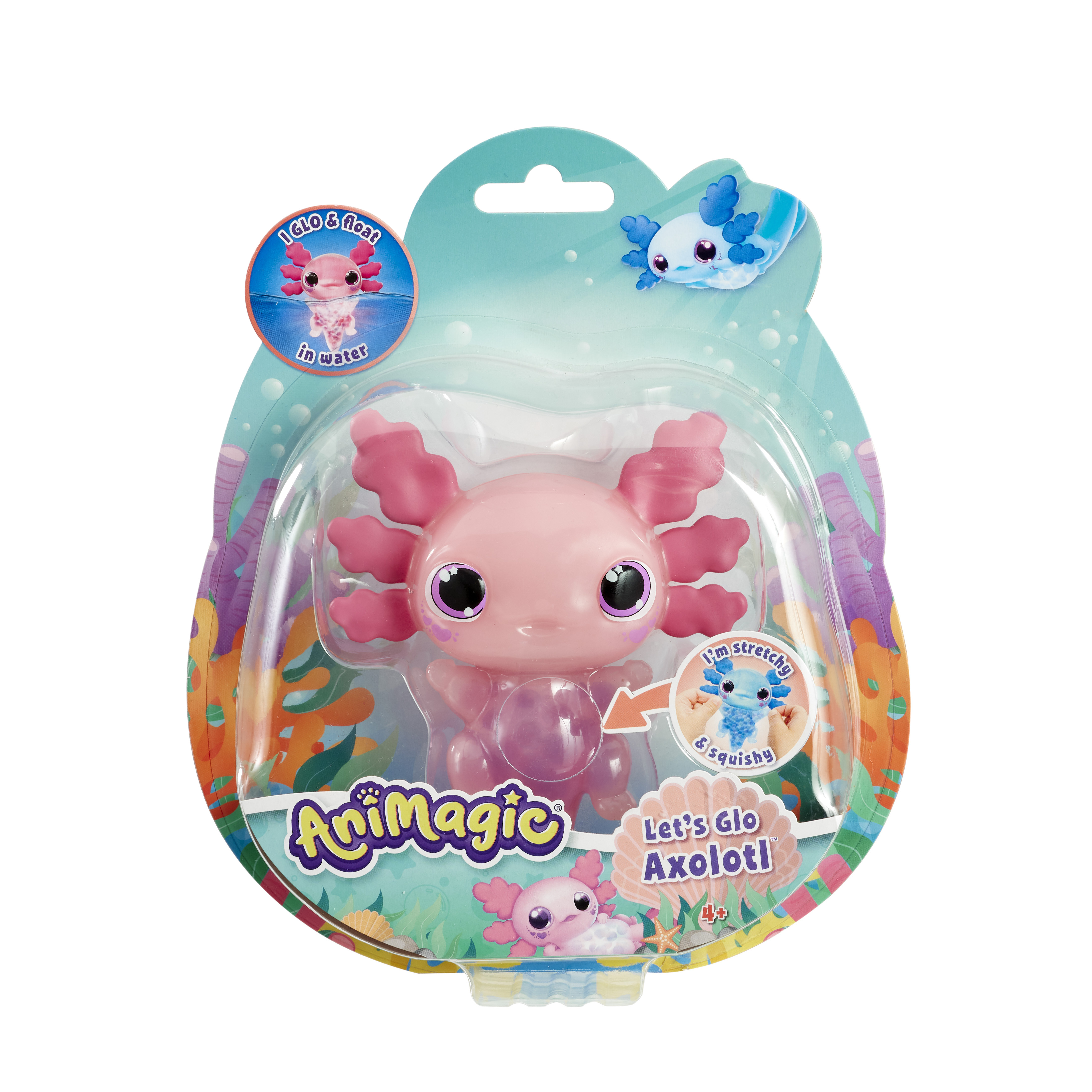 Ein pinkes Axolotl-Spielzeug in durchsichtiger Verpackung mit Unterwasser-Thema.