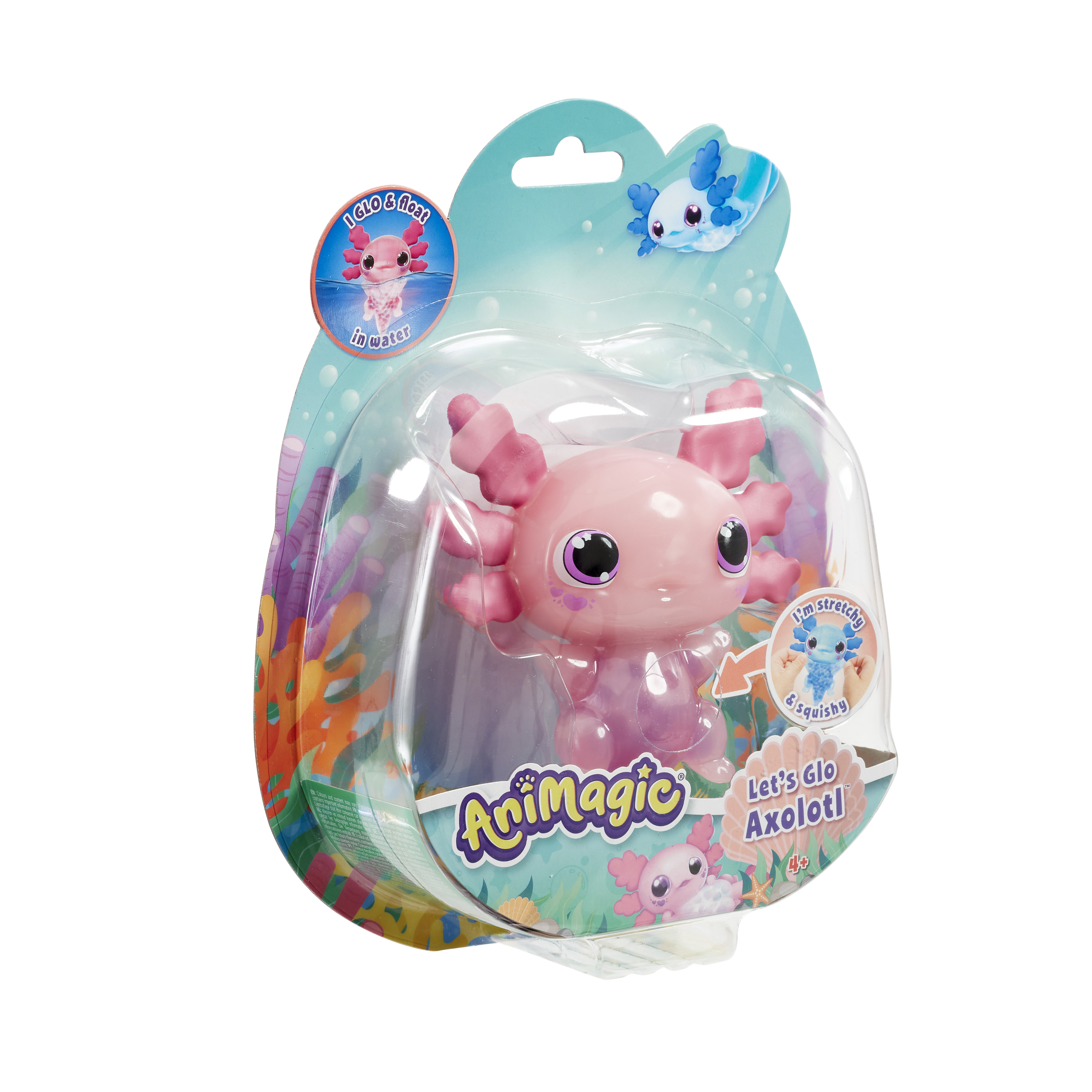 Verpackung eines rosafarbenen Axolotl-Spielzeugs mit Wasser-Motiv.