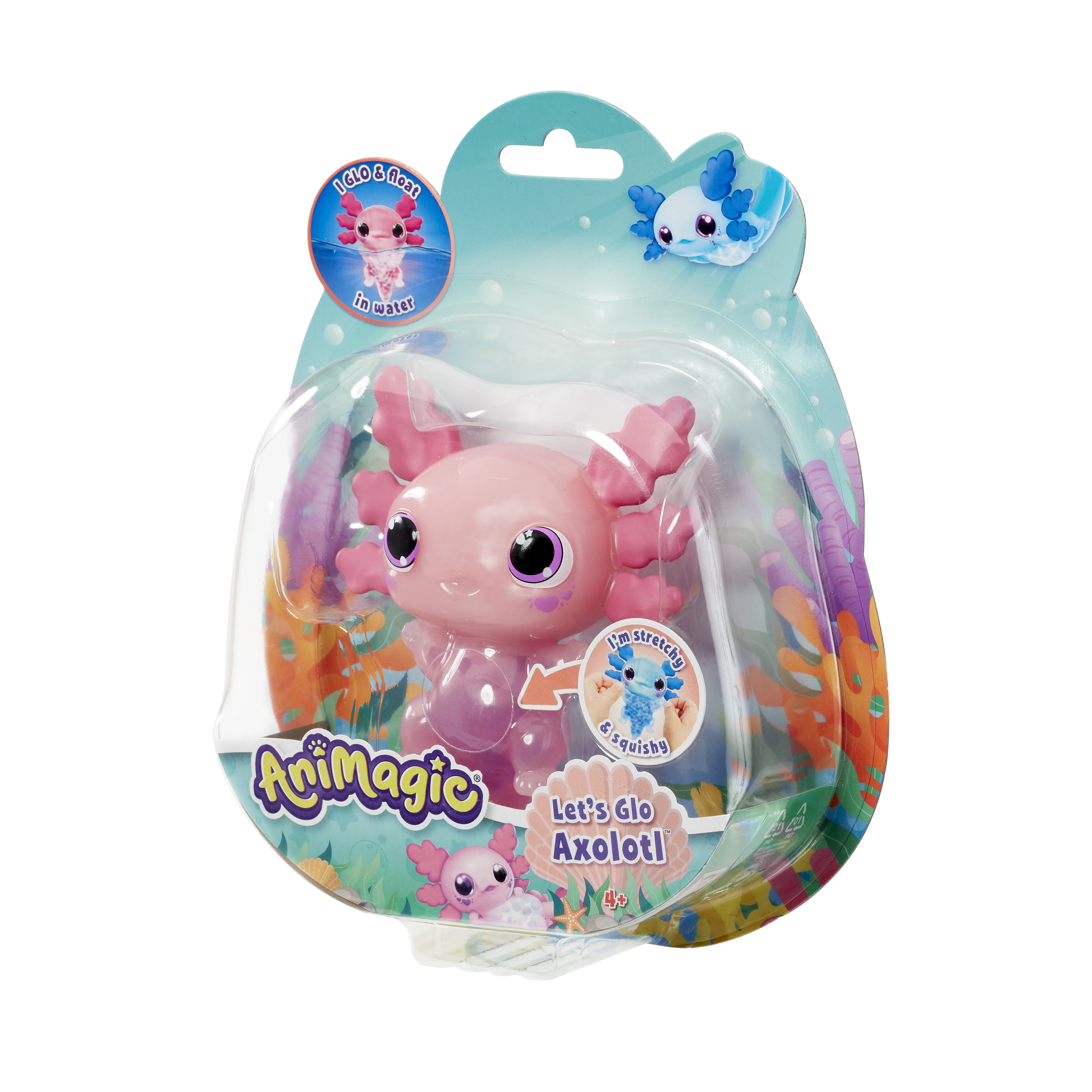 Ein rosa Axolotl-Spielzeug in einer Verpackung mit Unterwasser-Motiv.