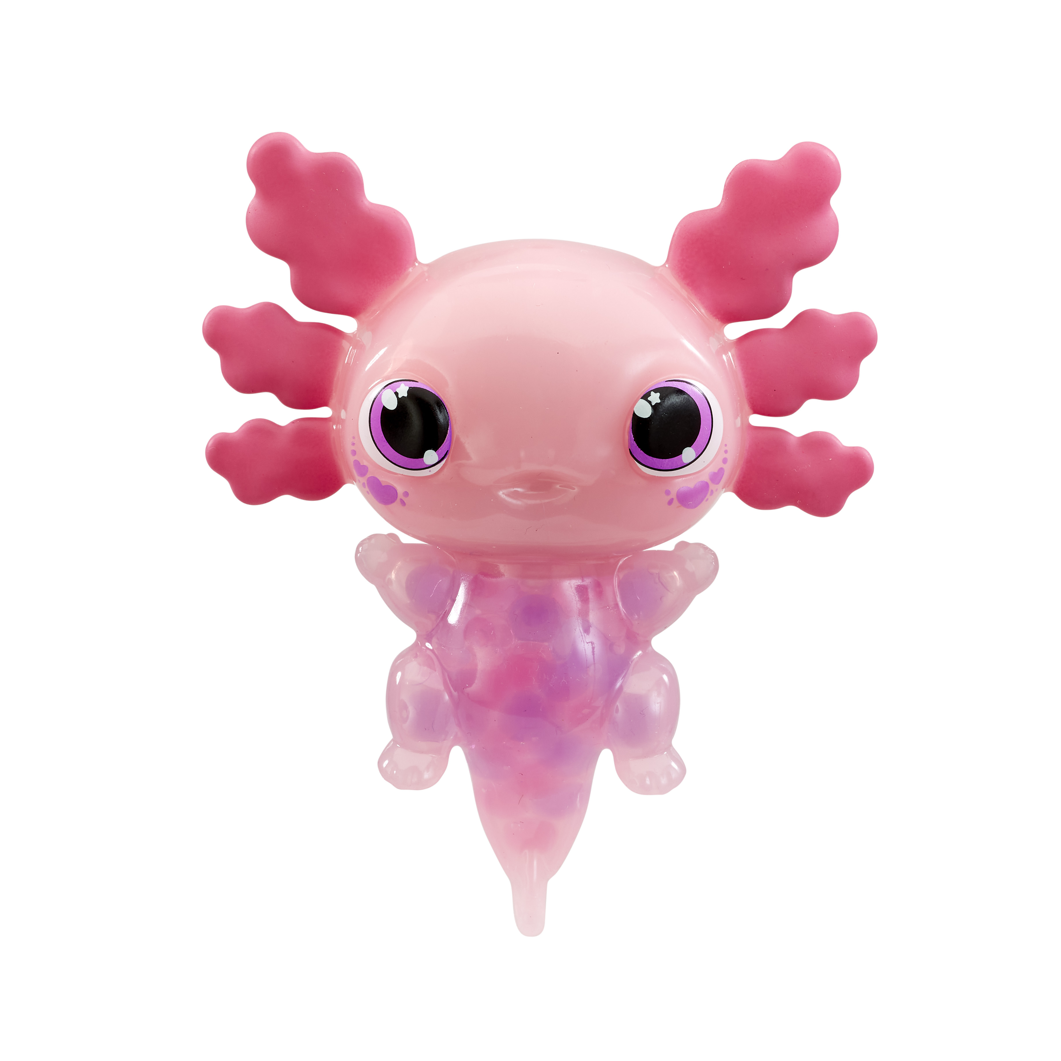 Ein hellrosa axolotl-förmiges Spielzeug mit großen Augen und pinken Flossen.