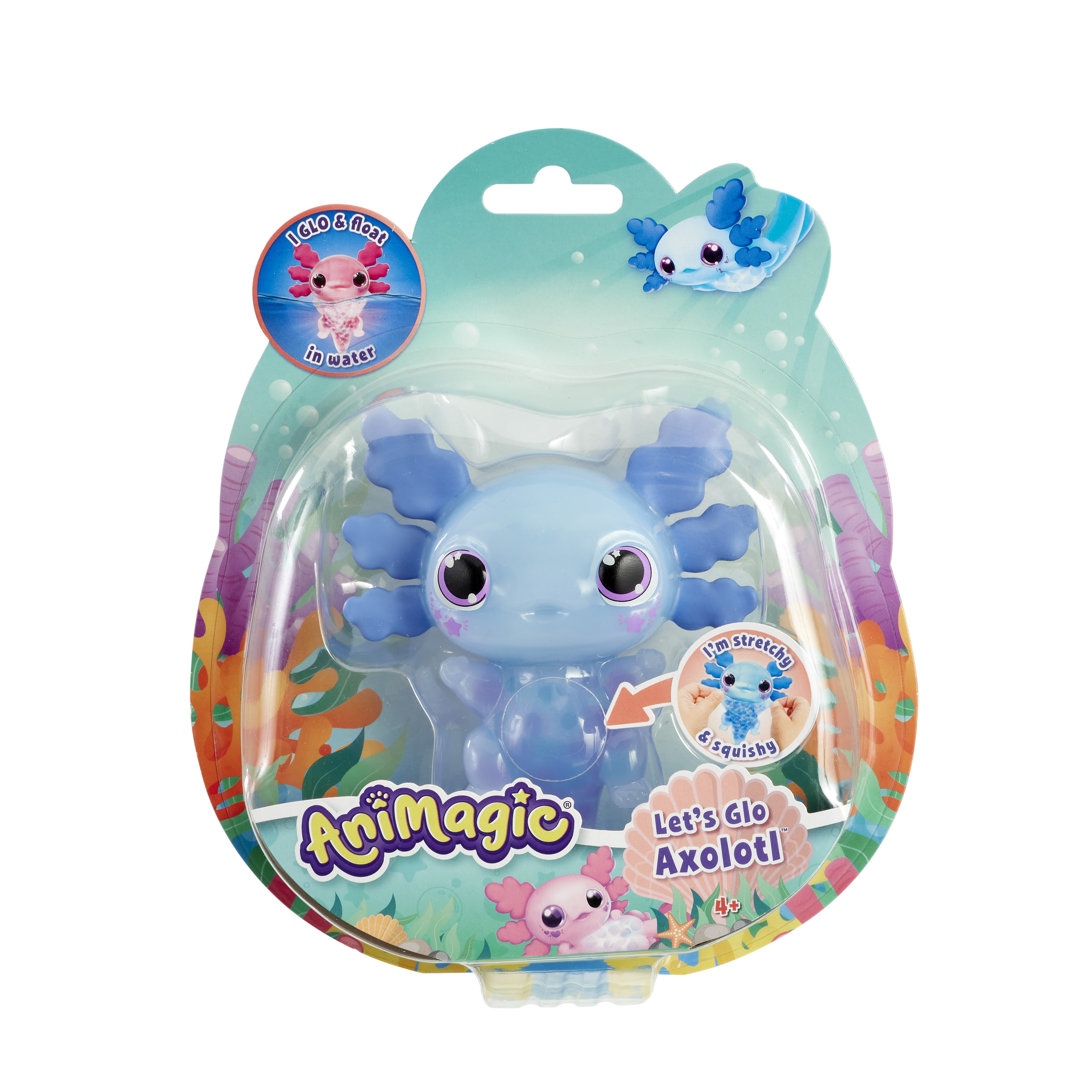 Ein hellblaues Axolotl-Spielzeug in Verpackung mit Unterwasser-Design.