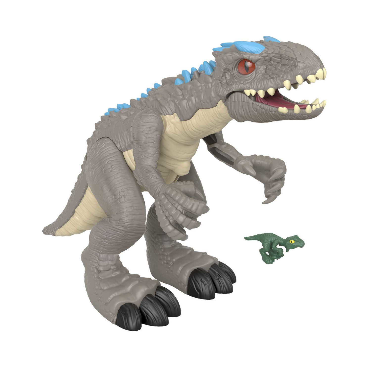 Grauer Dinosaurier mit blauen Spitzen und ein kleiner grüner Dinosaurier daneben.