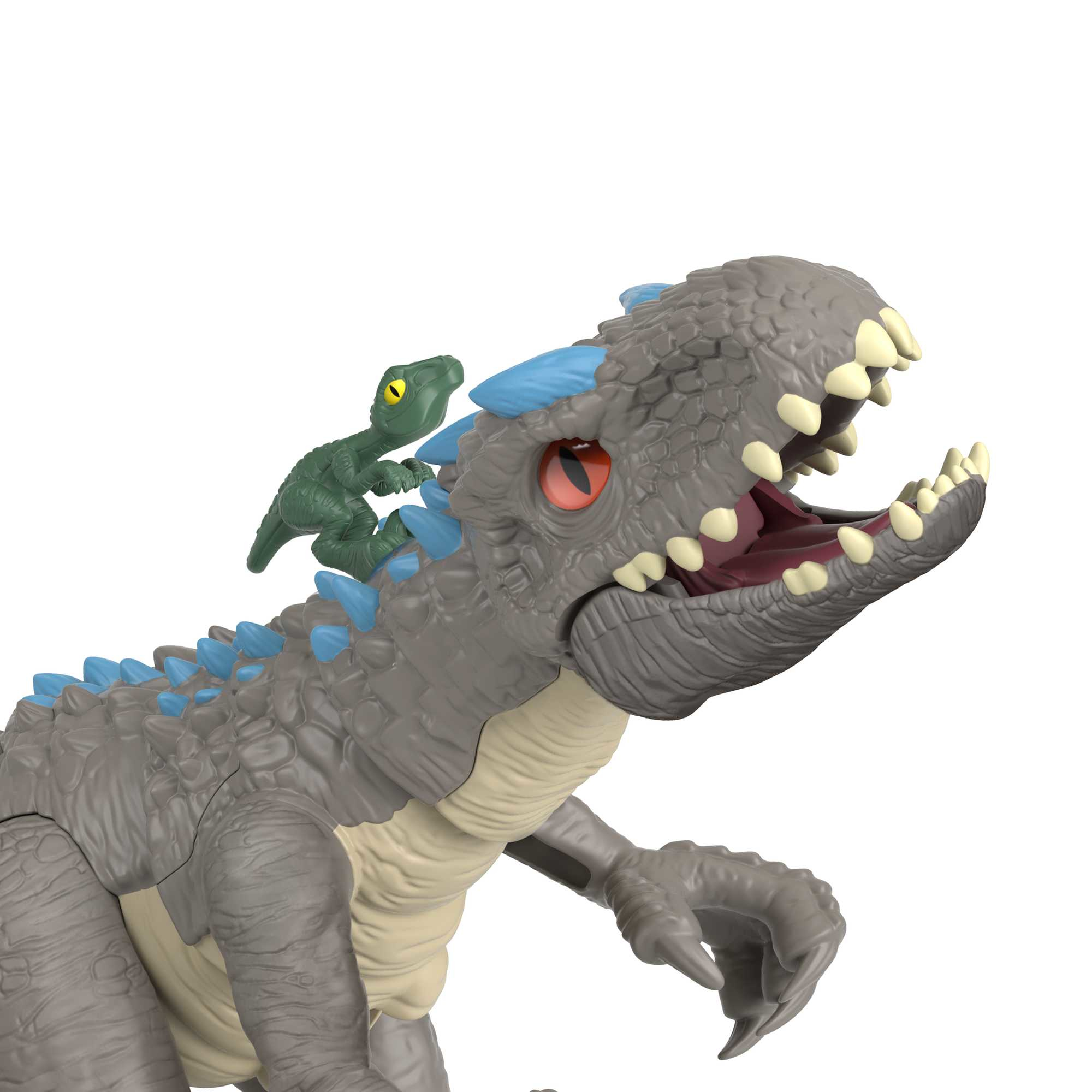 Ein grauer Dinosaurier mit blauen Stacheln hat einen kleinen grünen Dino auf seinem Rücken.