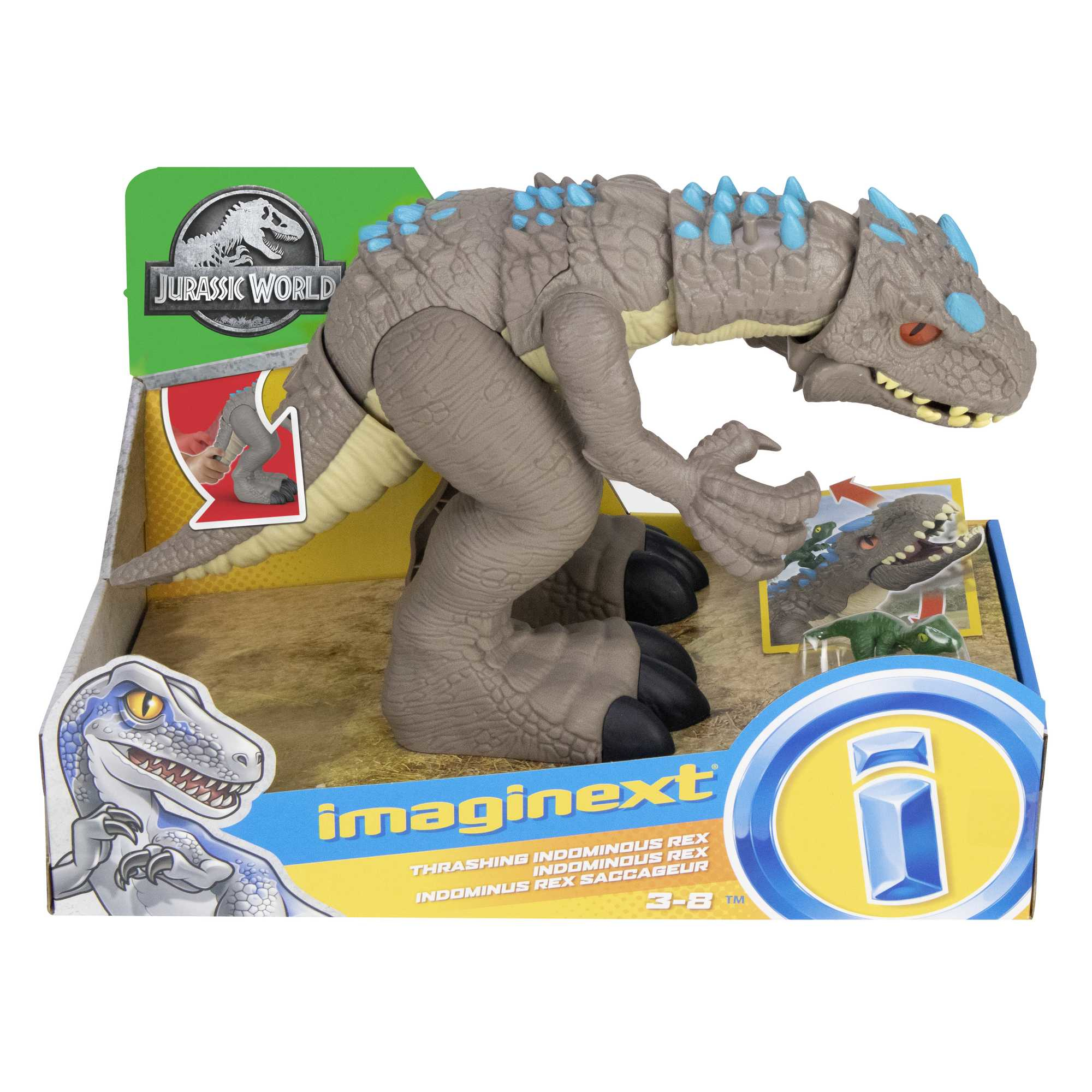 Grauer Dinosaurier Spielzeug mit blauen Stacheln in einer Verpackung mit Jurassic World Logo.
