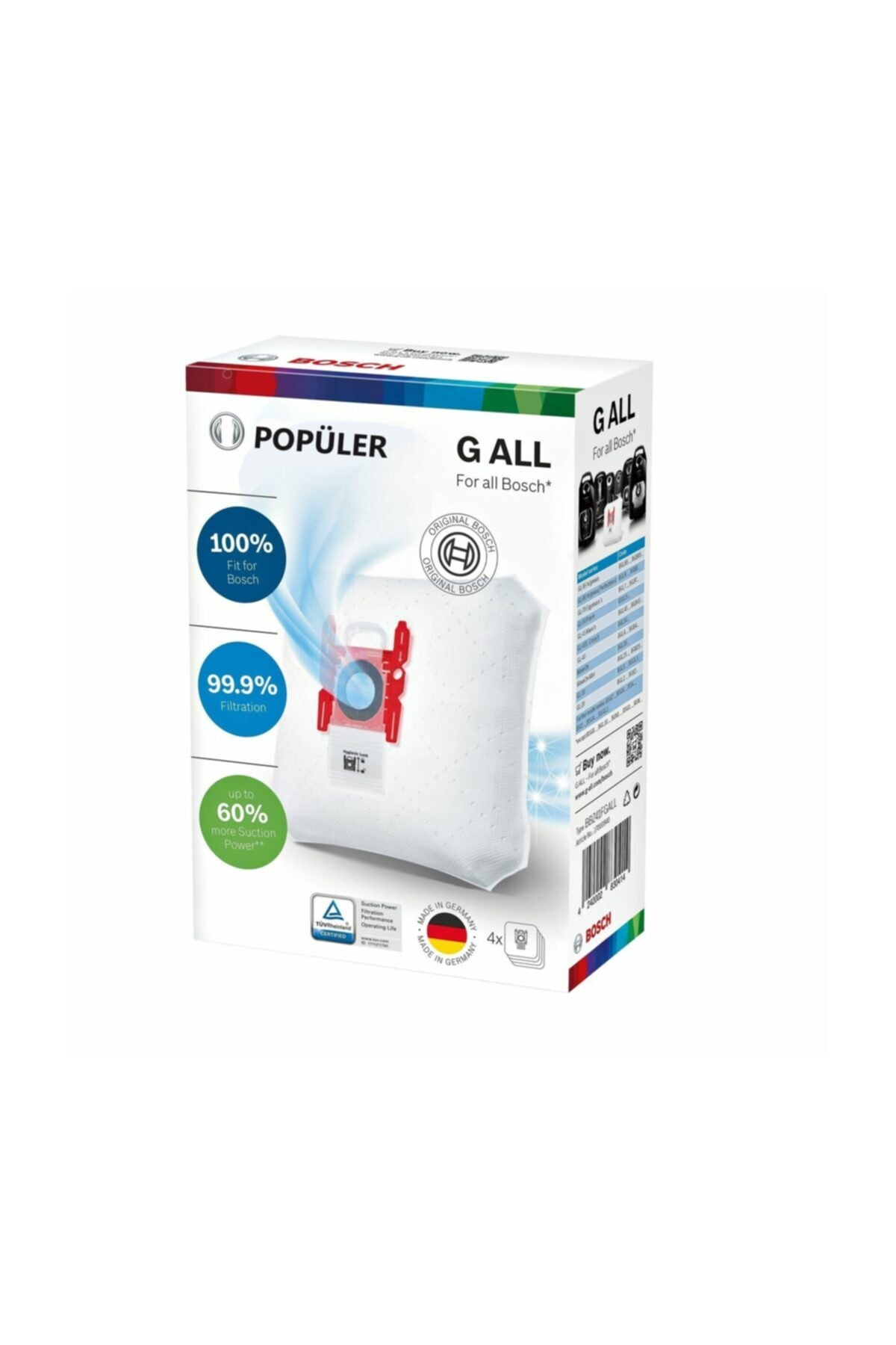 Bosch G ALL elektrikli süpürge torbası ambalajı, %100 uyum, %99,9 filtreleme.