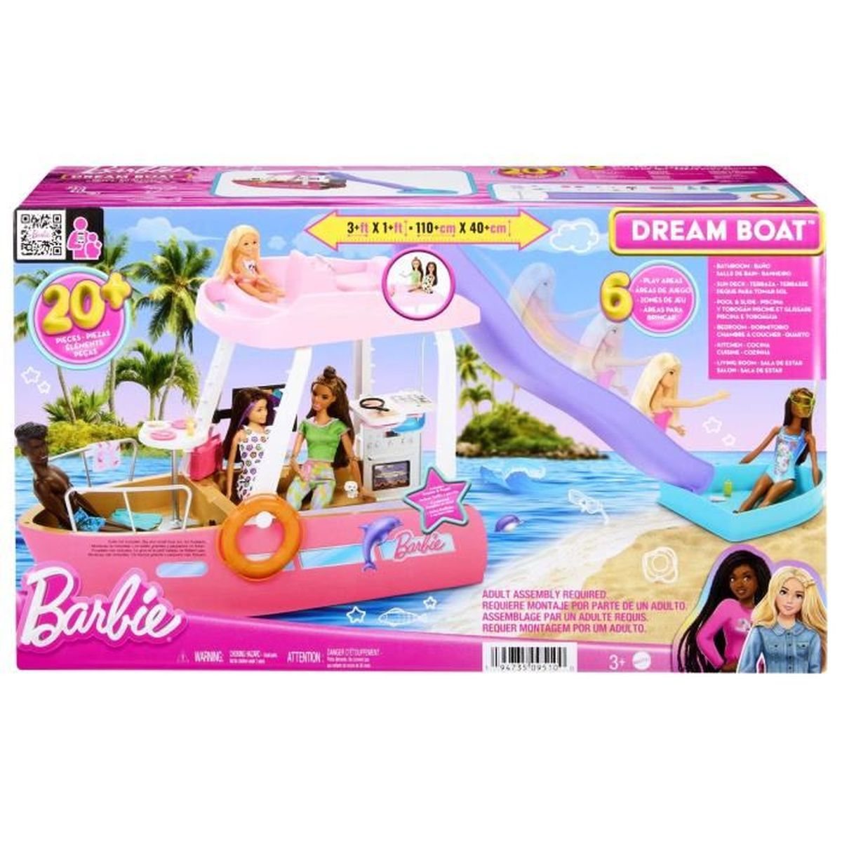 Barbie Traumboot Spielzeug mit Puppen und Rutsche am Strand.