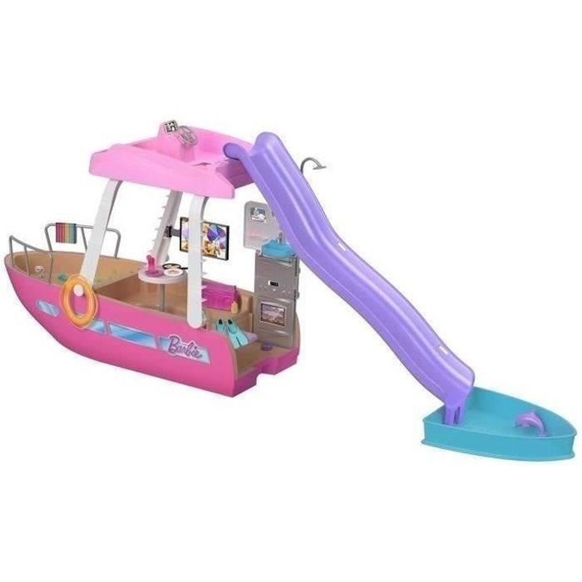 Ein pinkes Barbie-Boot mit einem violetten Rutsche und einem Pool.