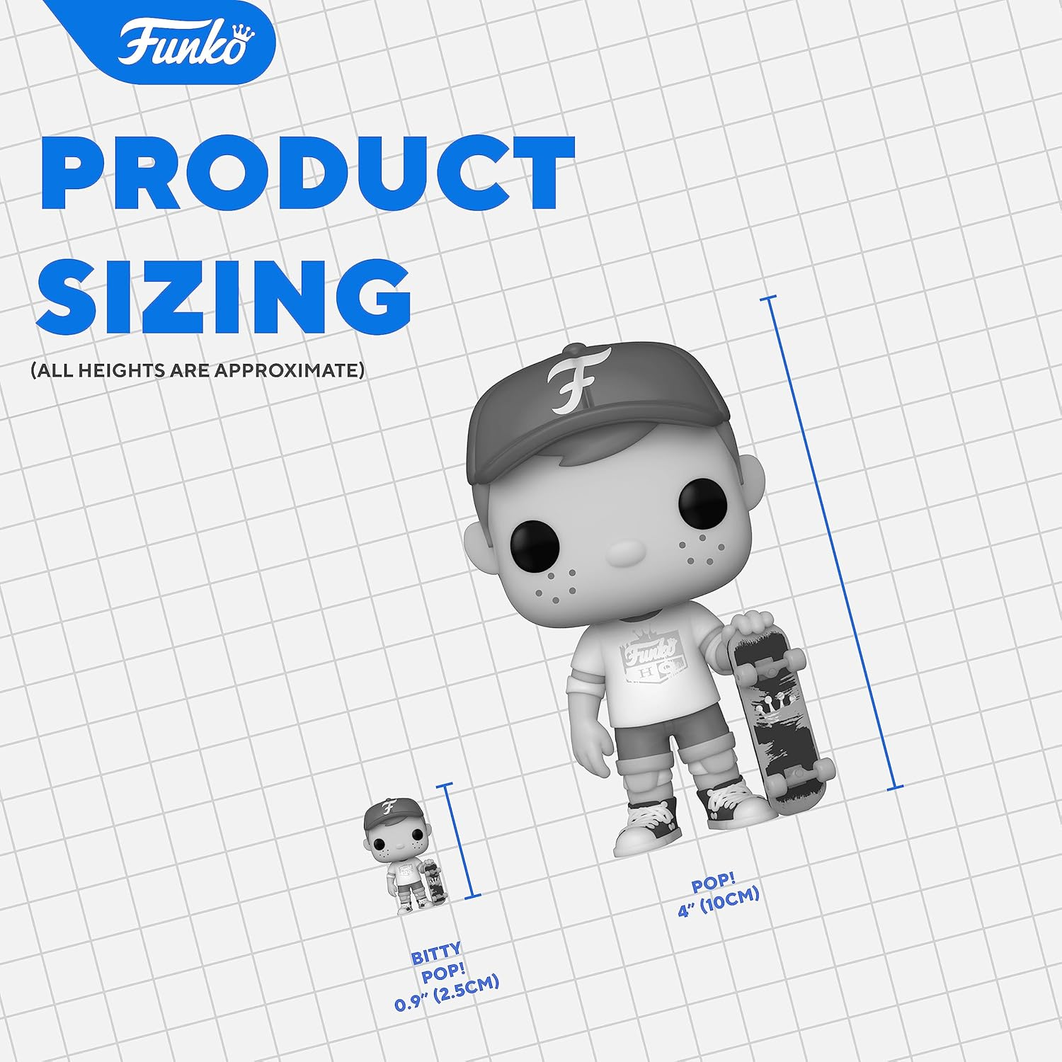Funko Produktgrößen: Eine 10cm Pop-Figur mit Skateboard neben einer 2,5cm Bitty Pop.