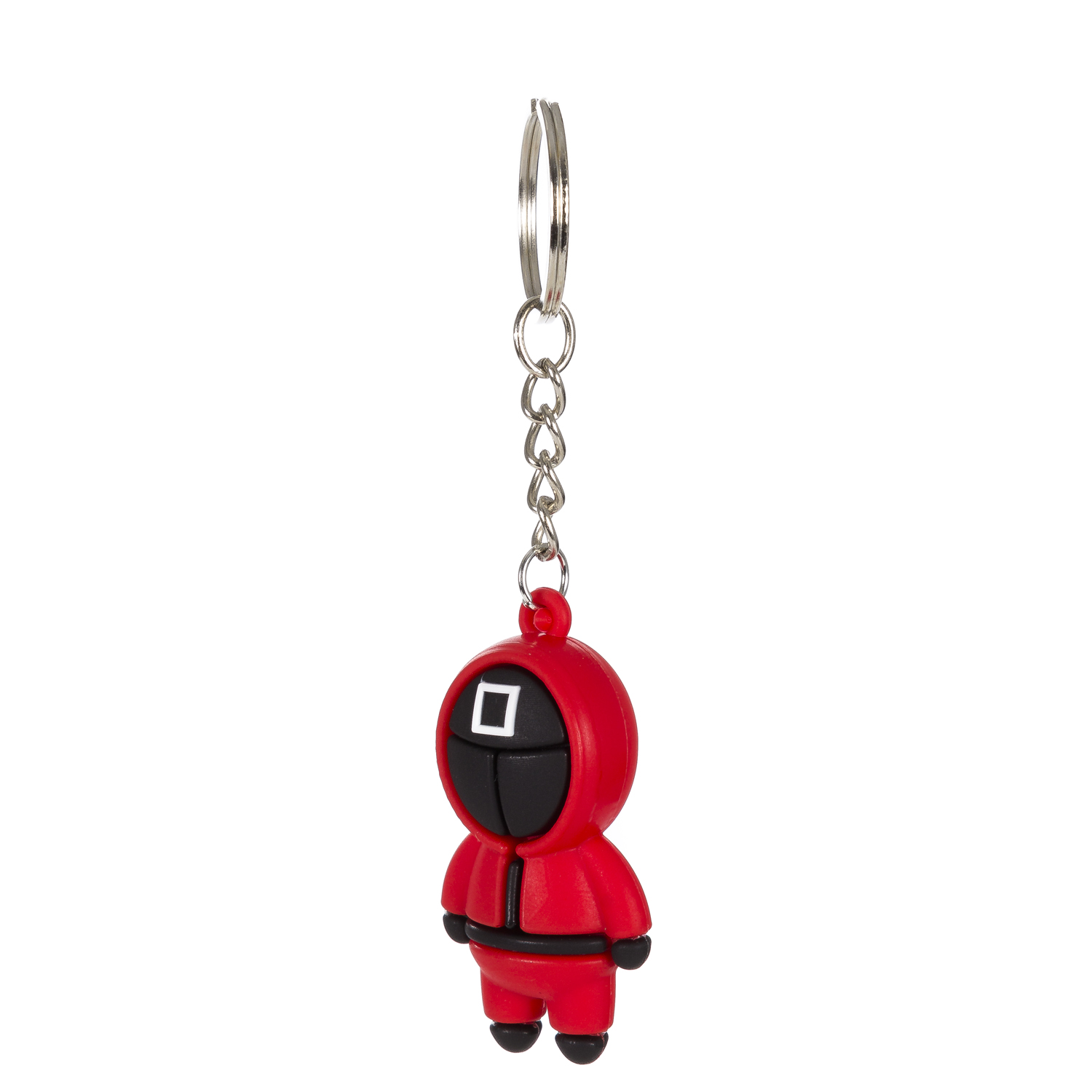 Figura roja de llavero con símbolo cuadrado en máscara negra.