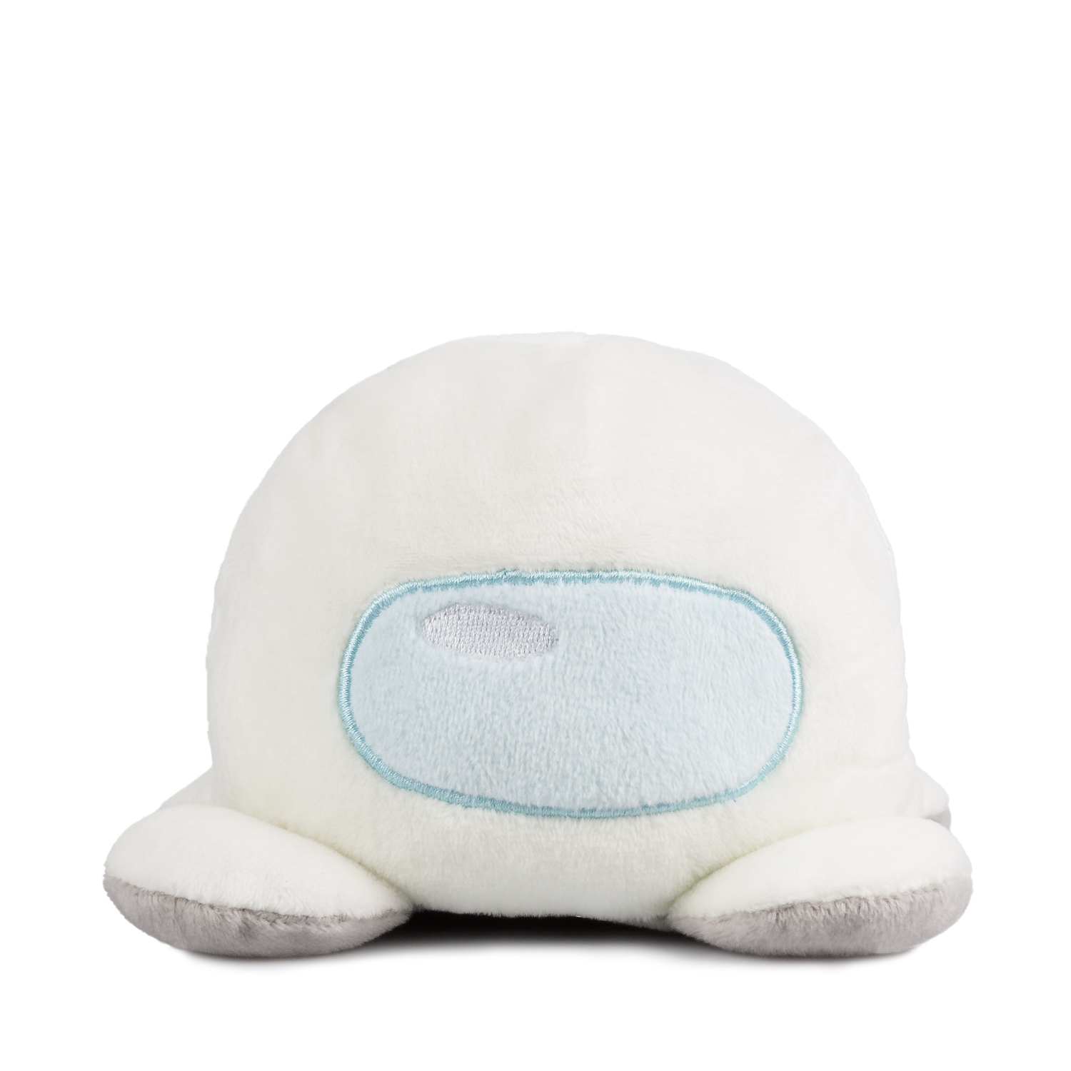 Un peluche blanco con detalles azules y pies grises.