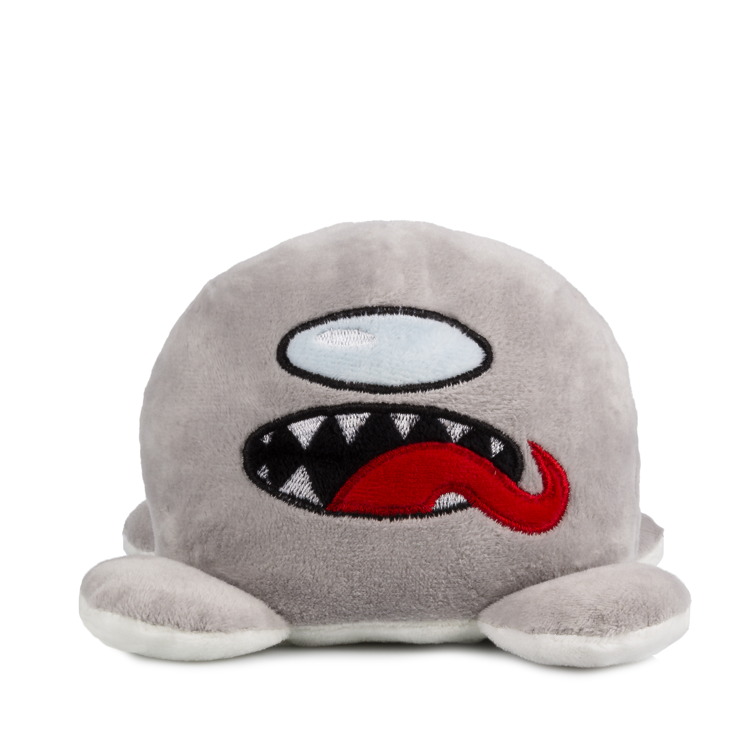 Un peluche gris con visera blanca y boca abierta con lengua roja.