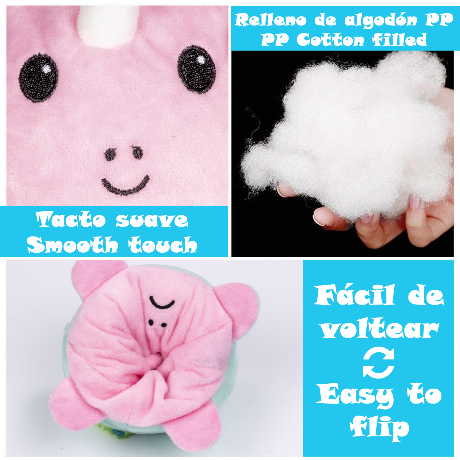 Un peluche rosa con ojos y una sonrisa, relleno de algodón.