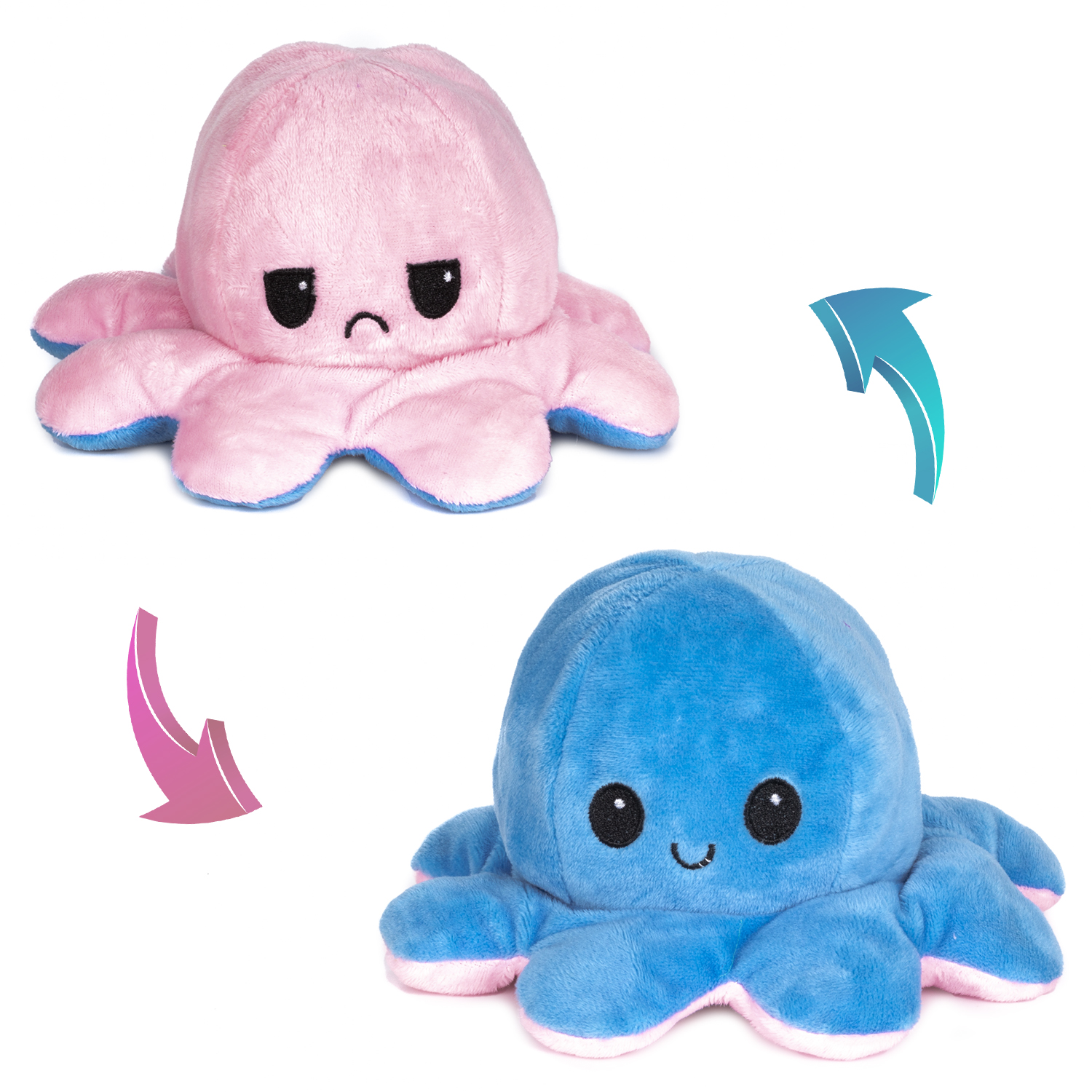 Dos peluches de pulpo reversibles, uno rosa con cara triste, uno azul con cara feliz.